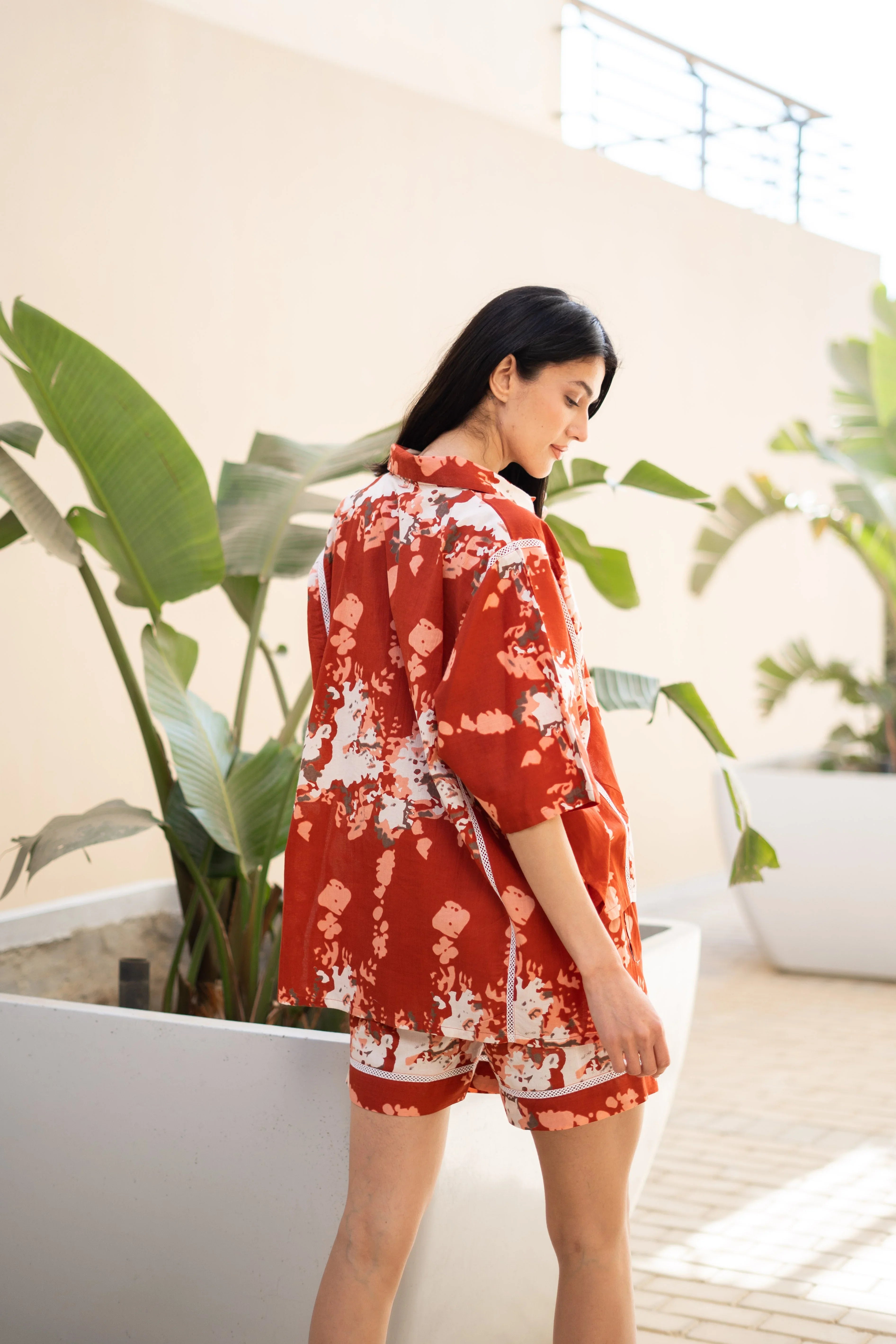 Rust Color Floral Printed Night Suit for Women - SanskrutiHomes