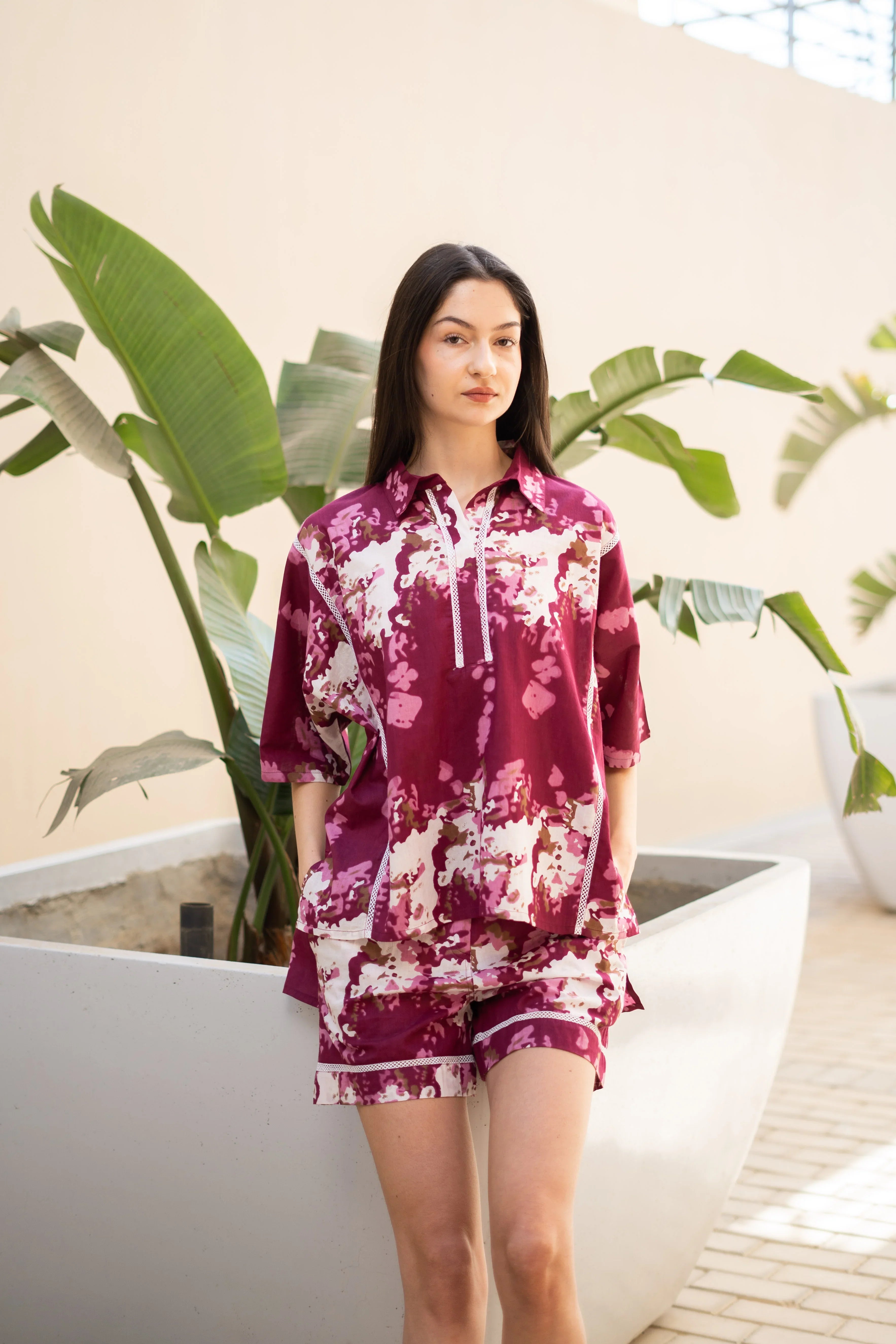 Pink Floral Printed Cotton Night Suit for Women - SanskrutiHomes
