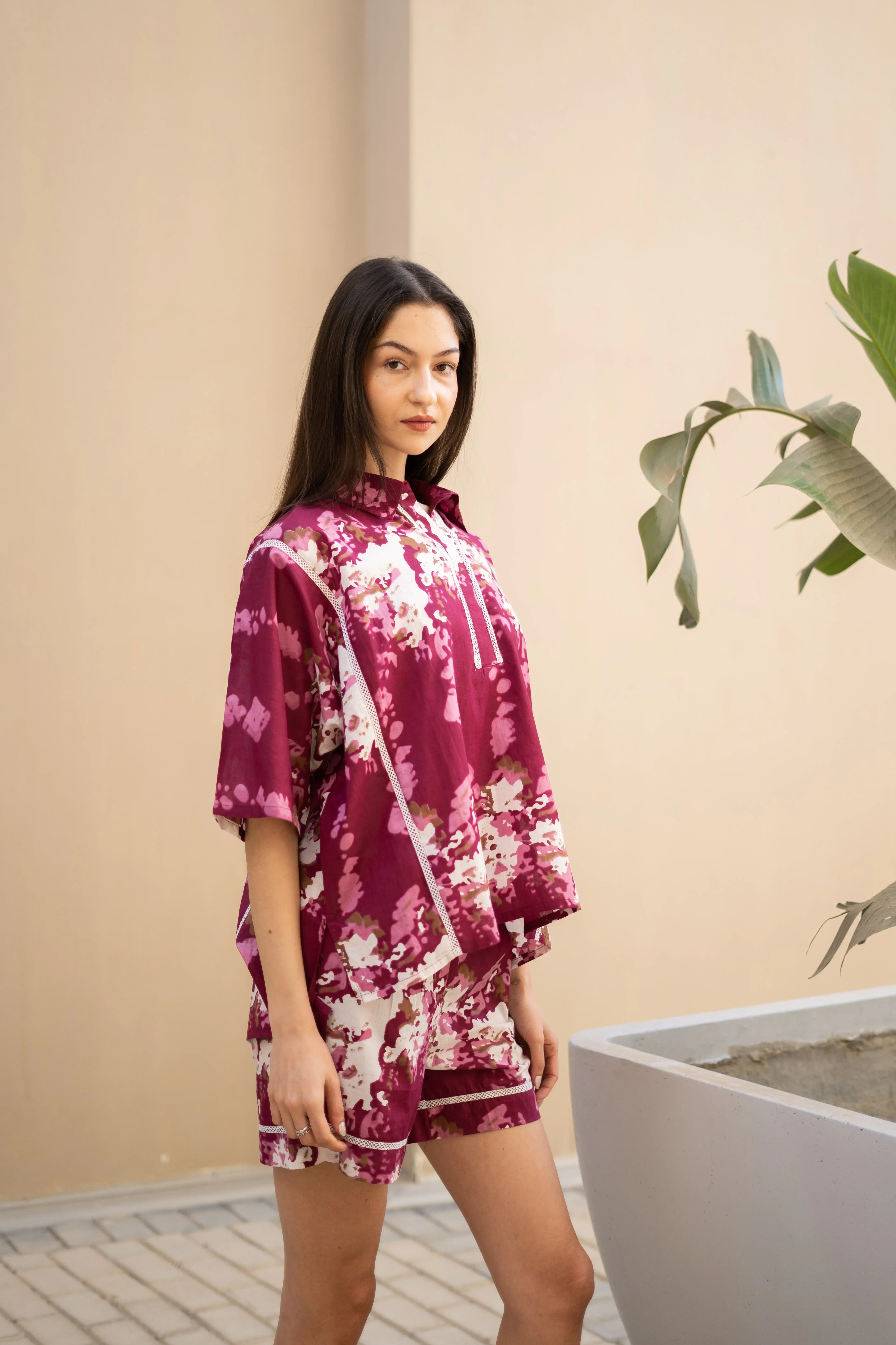Pink Floral Printed Cotton Night Suit for Women - SanskrutiHomes