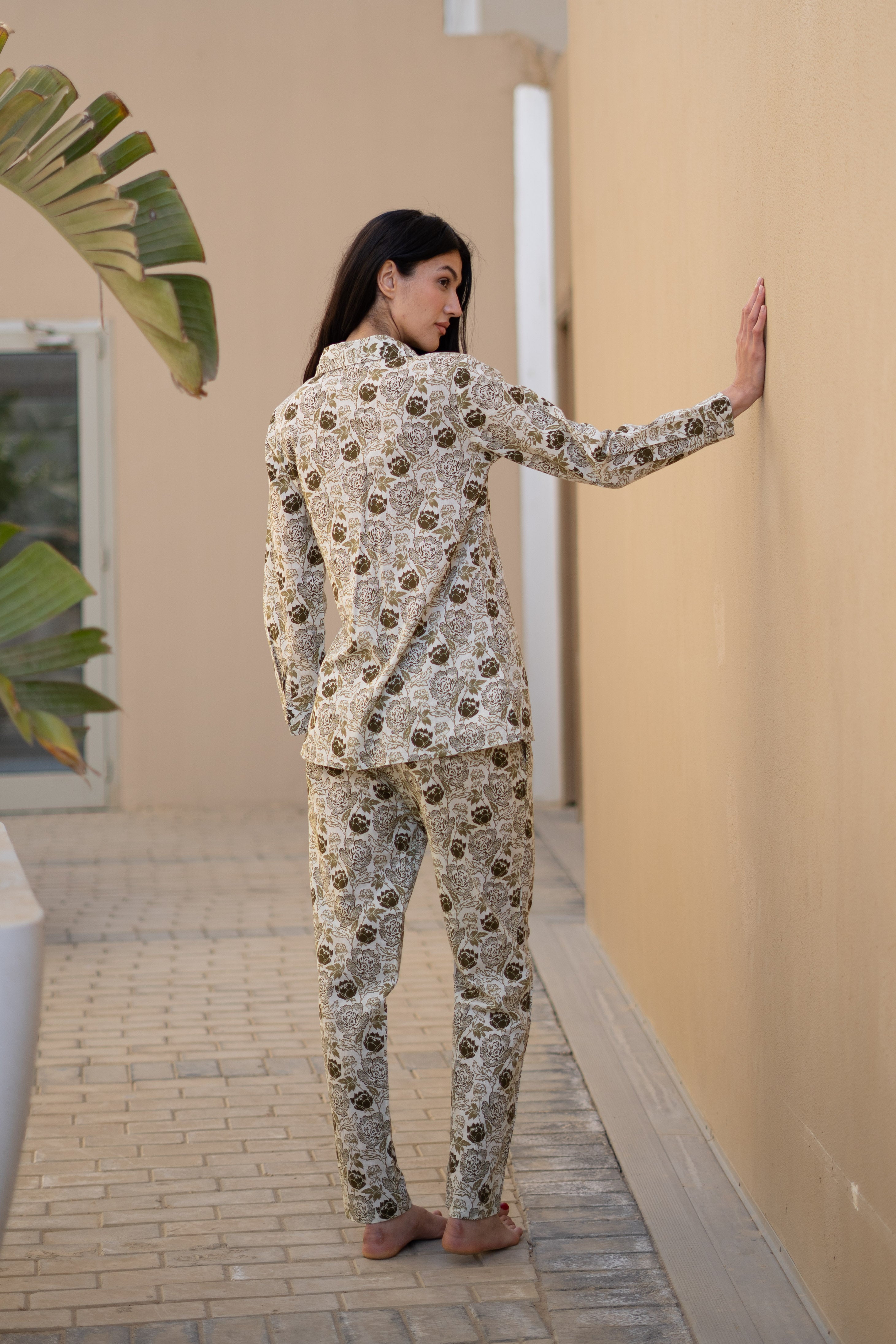 Brown Floral Printed Shirt Collar Night Suit