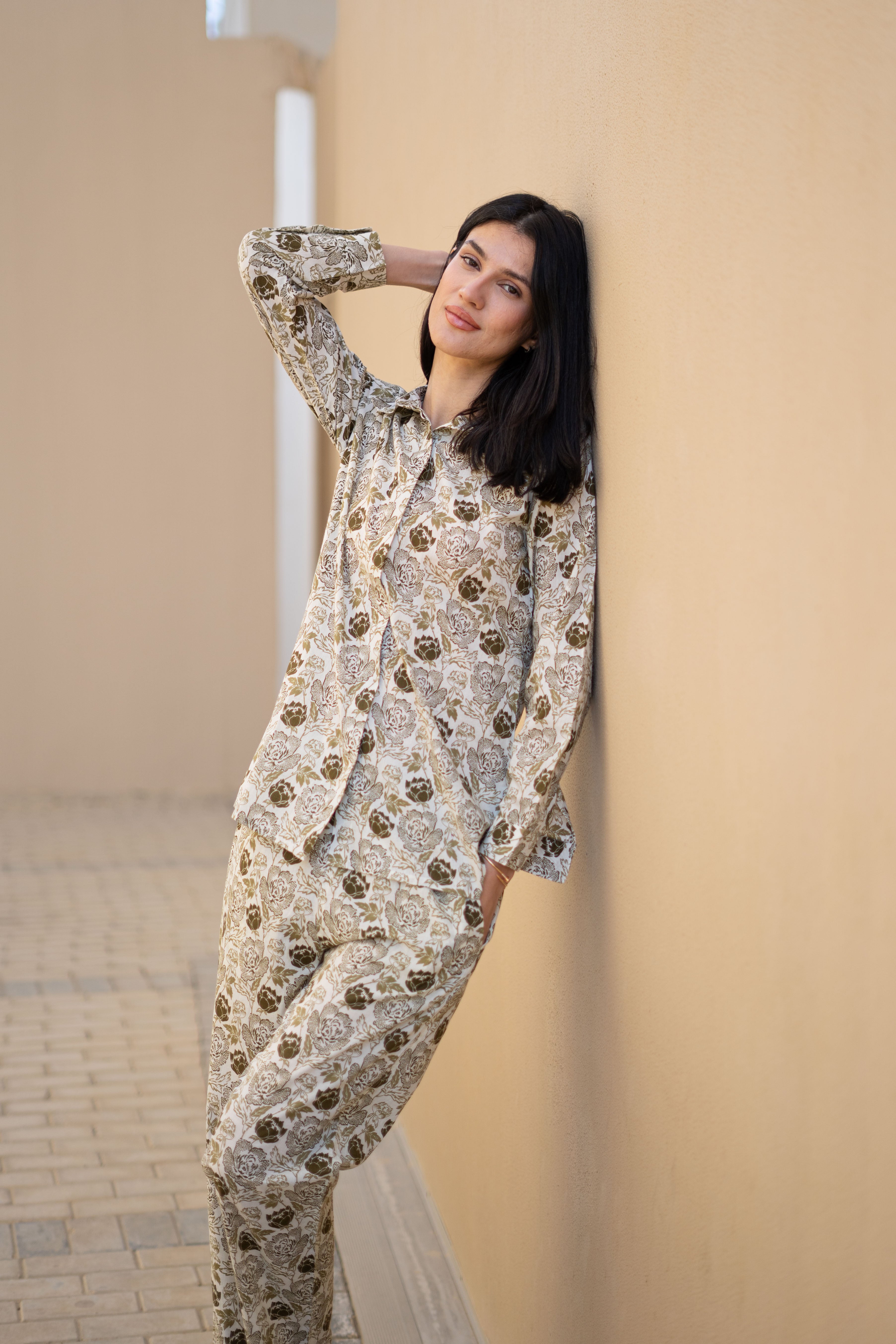 Brown Floral Printed Shirt Collar Night Suit