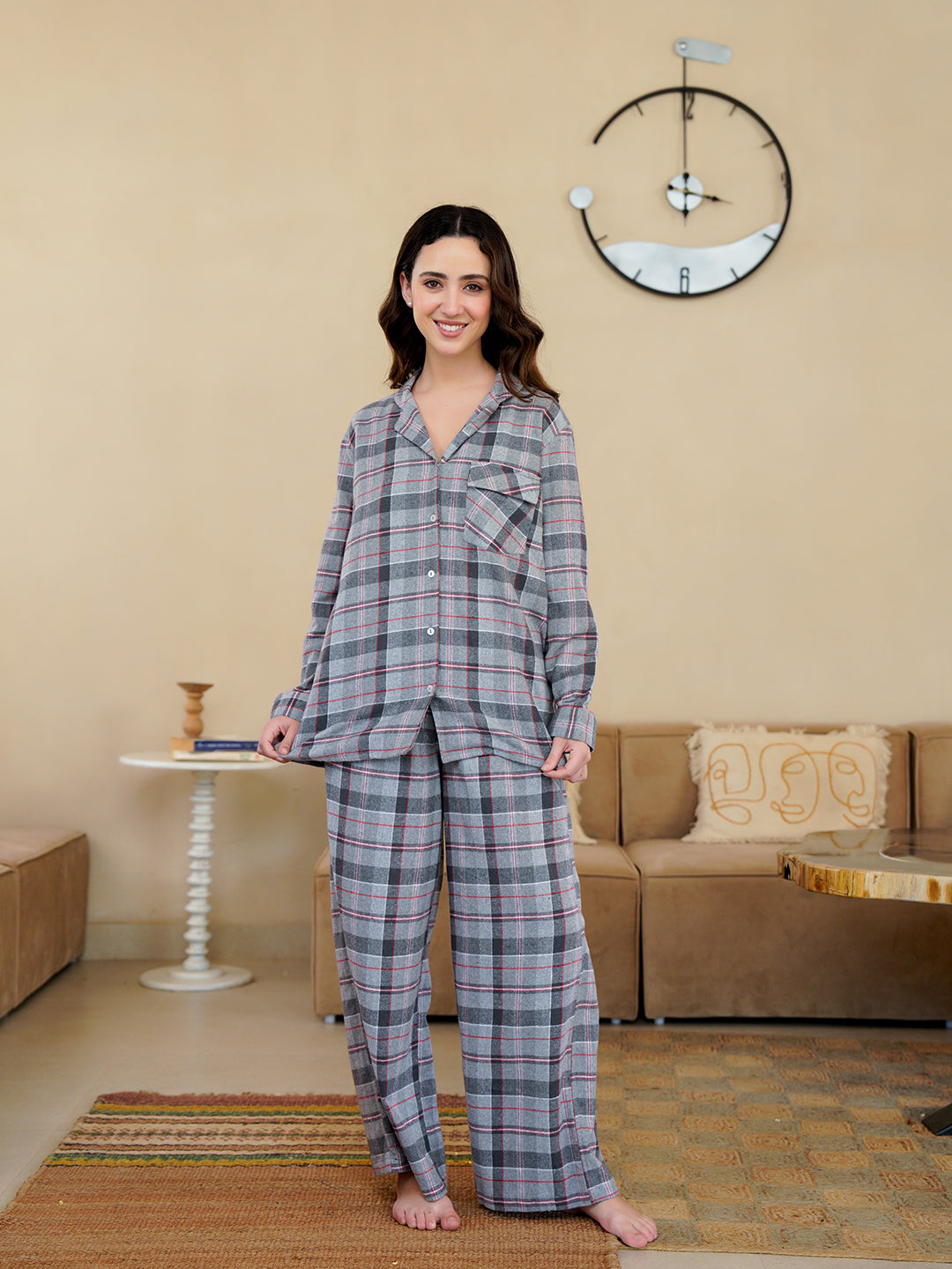 Grey V-Neck Pure Cotton Checked Winter Night Suit For Women