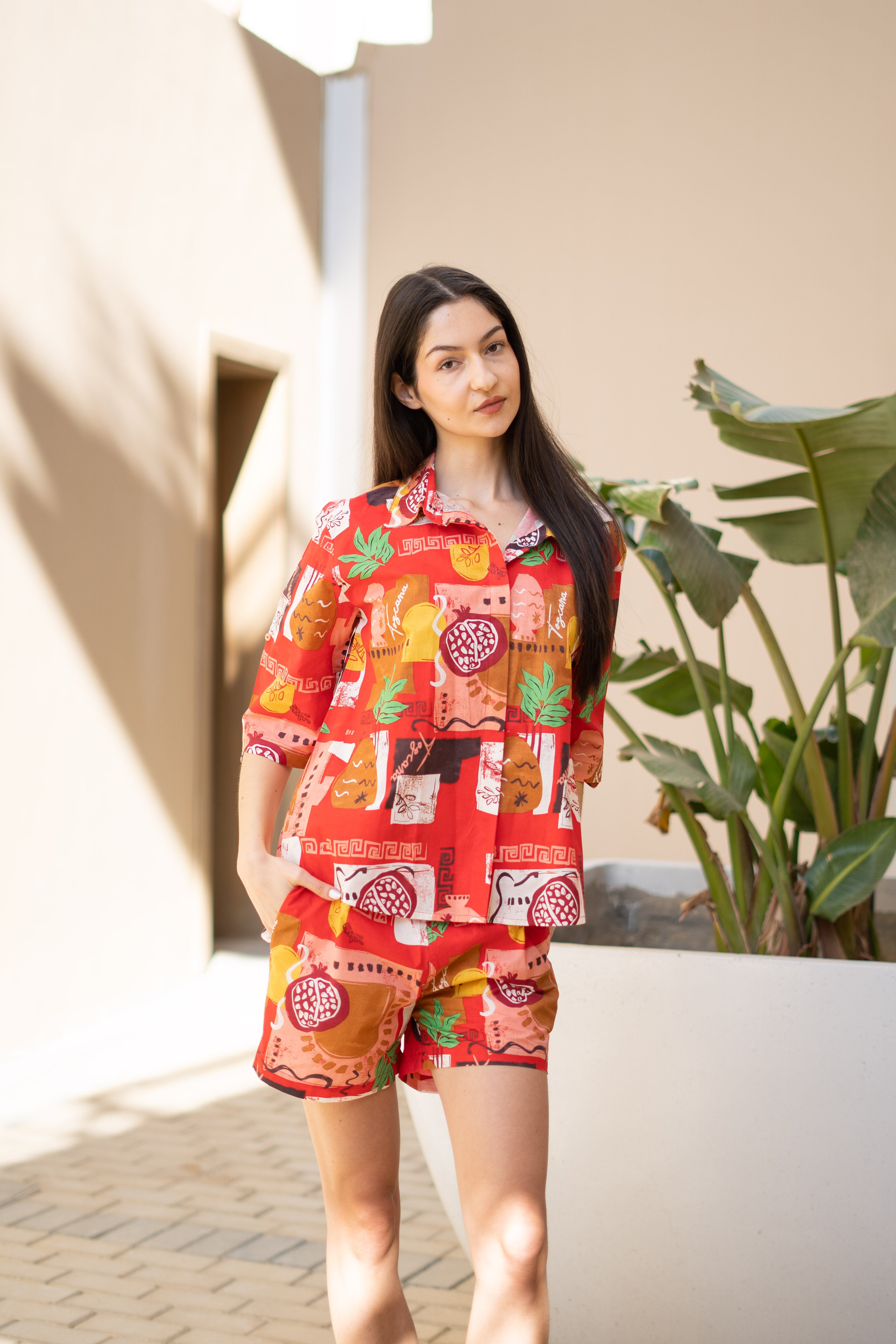 Women Abstract Printed Red Night Suit Set