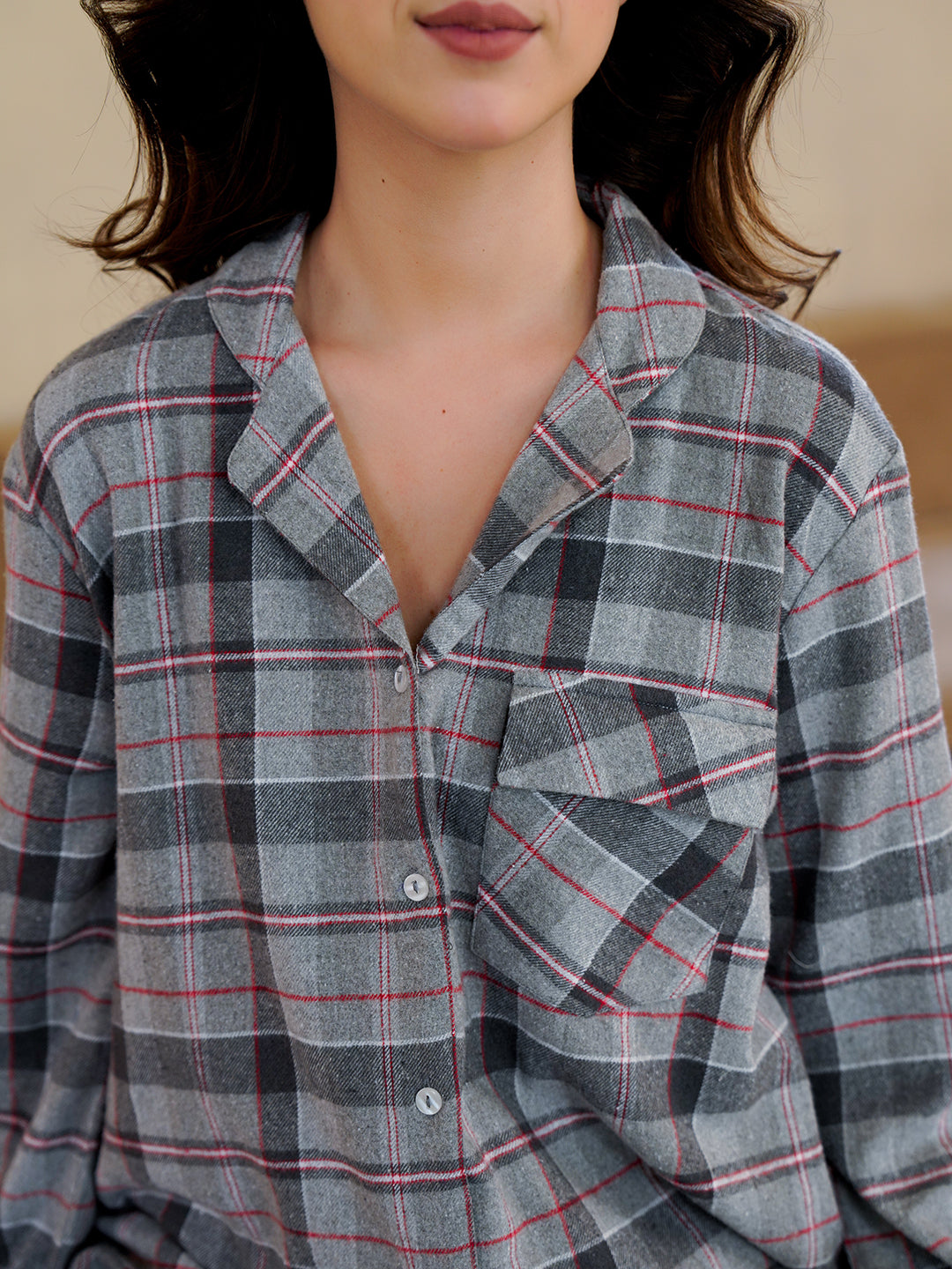 Grey V-Neck Pure Cotton Checked Winter Night Suit For Women