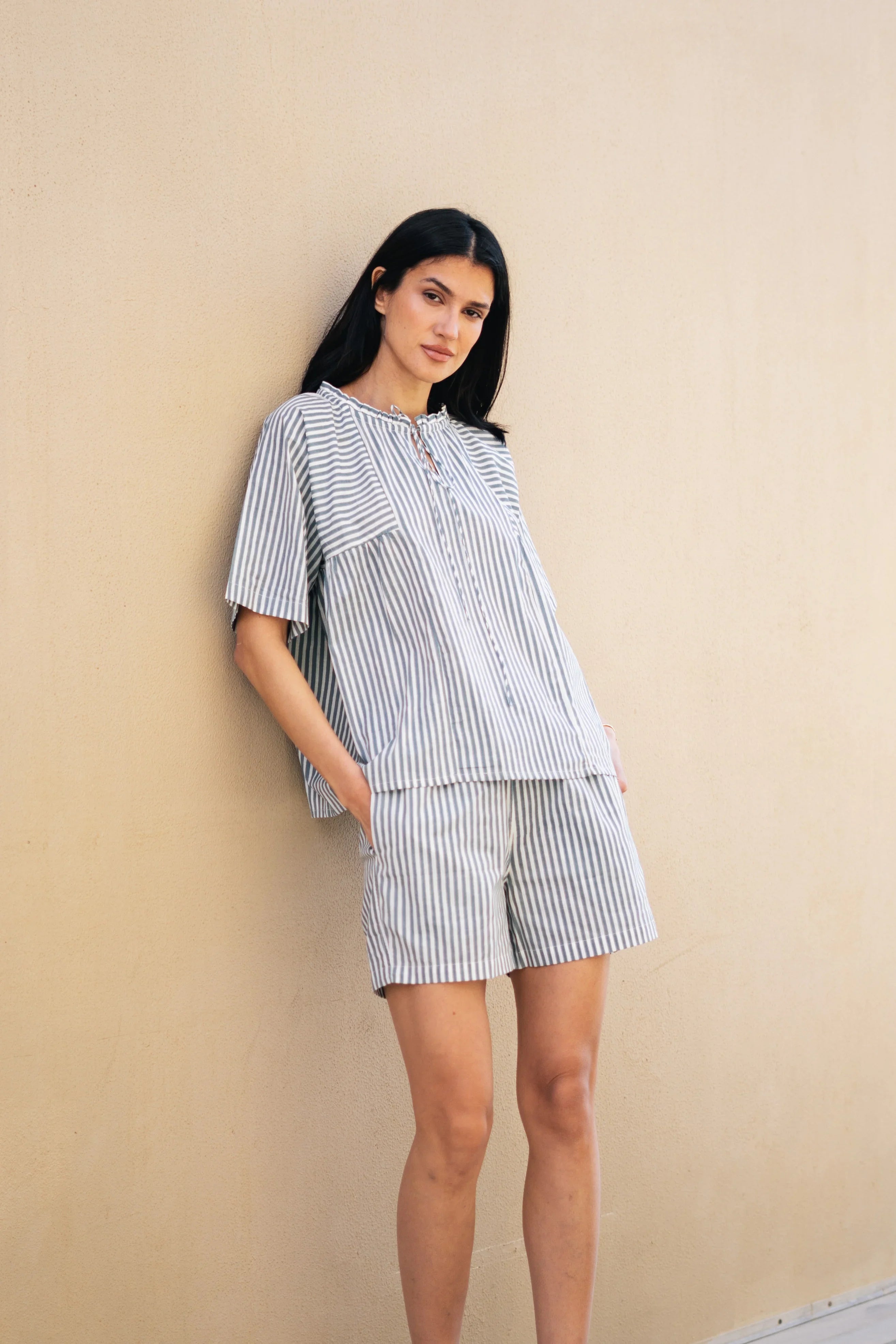Blue Pure Cotton Striped V-Neck night suit for women - SanskrutiHomes