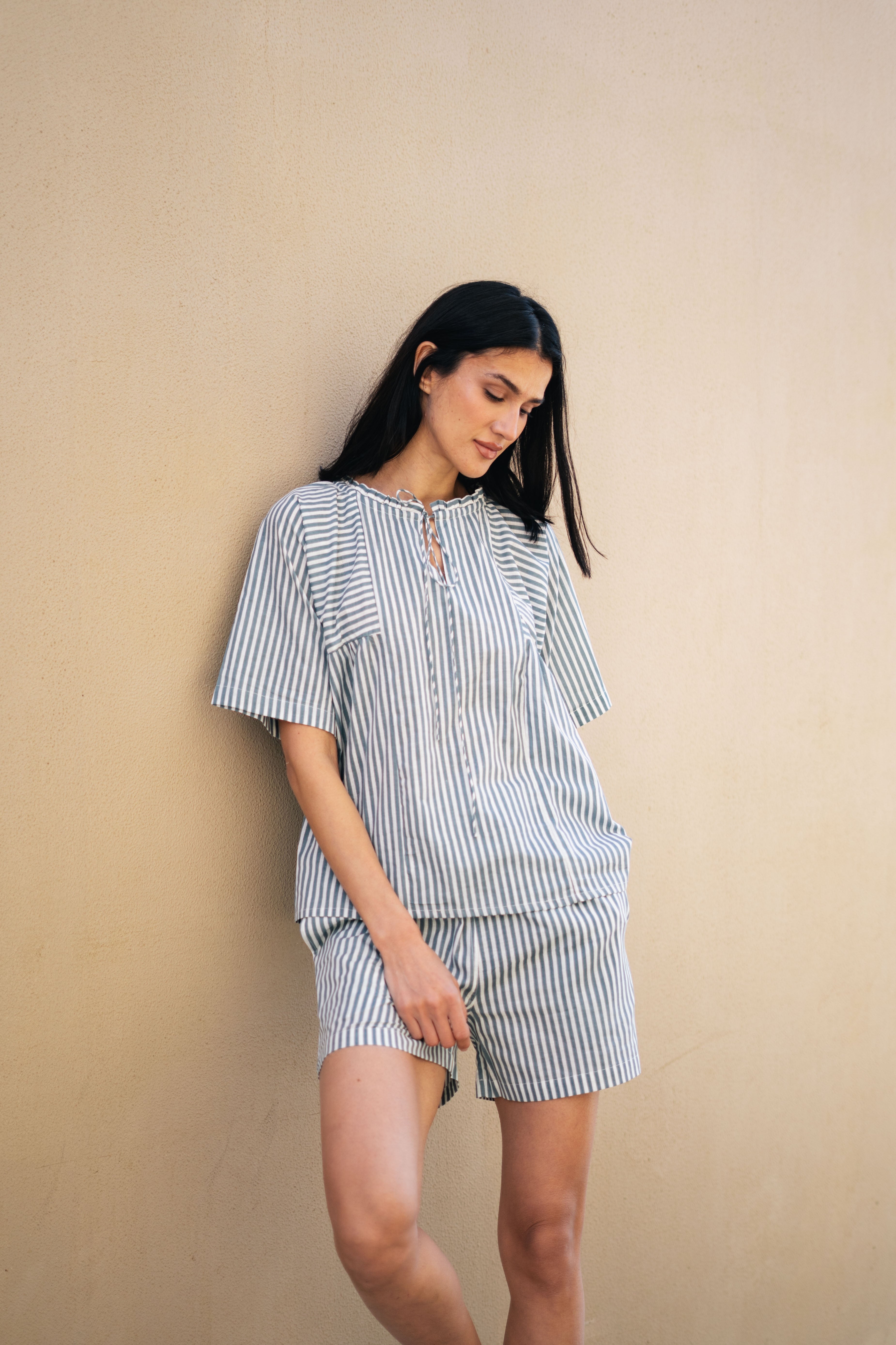 Blue Pure Cotton Striped V-Neck night suit for women - SanskrutiHomes