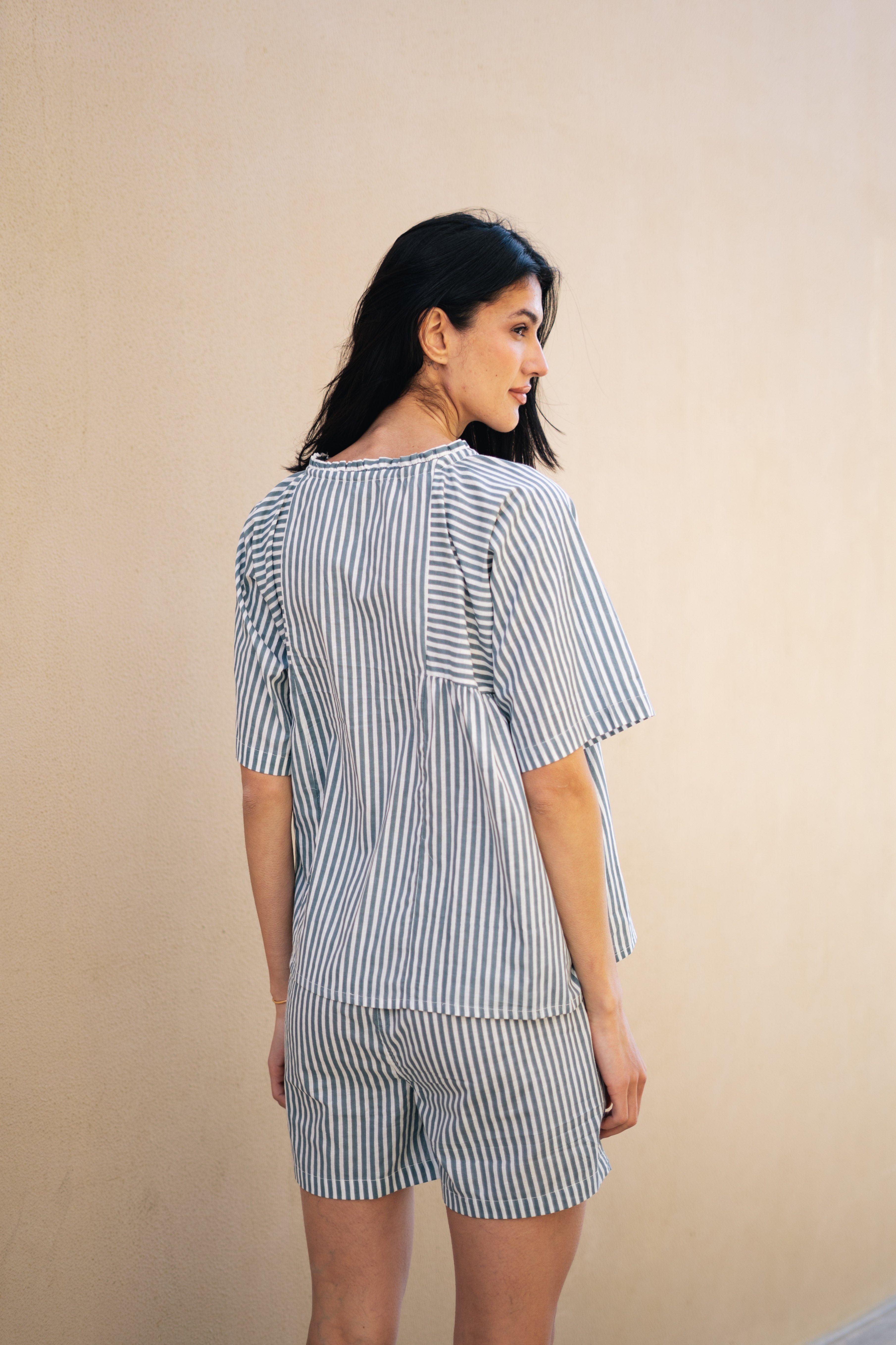 Blue Pure Cotton Striped V-Neck night suit for women - SanskrutiHomes