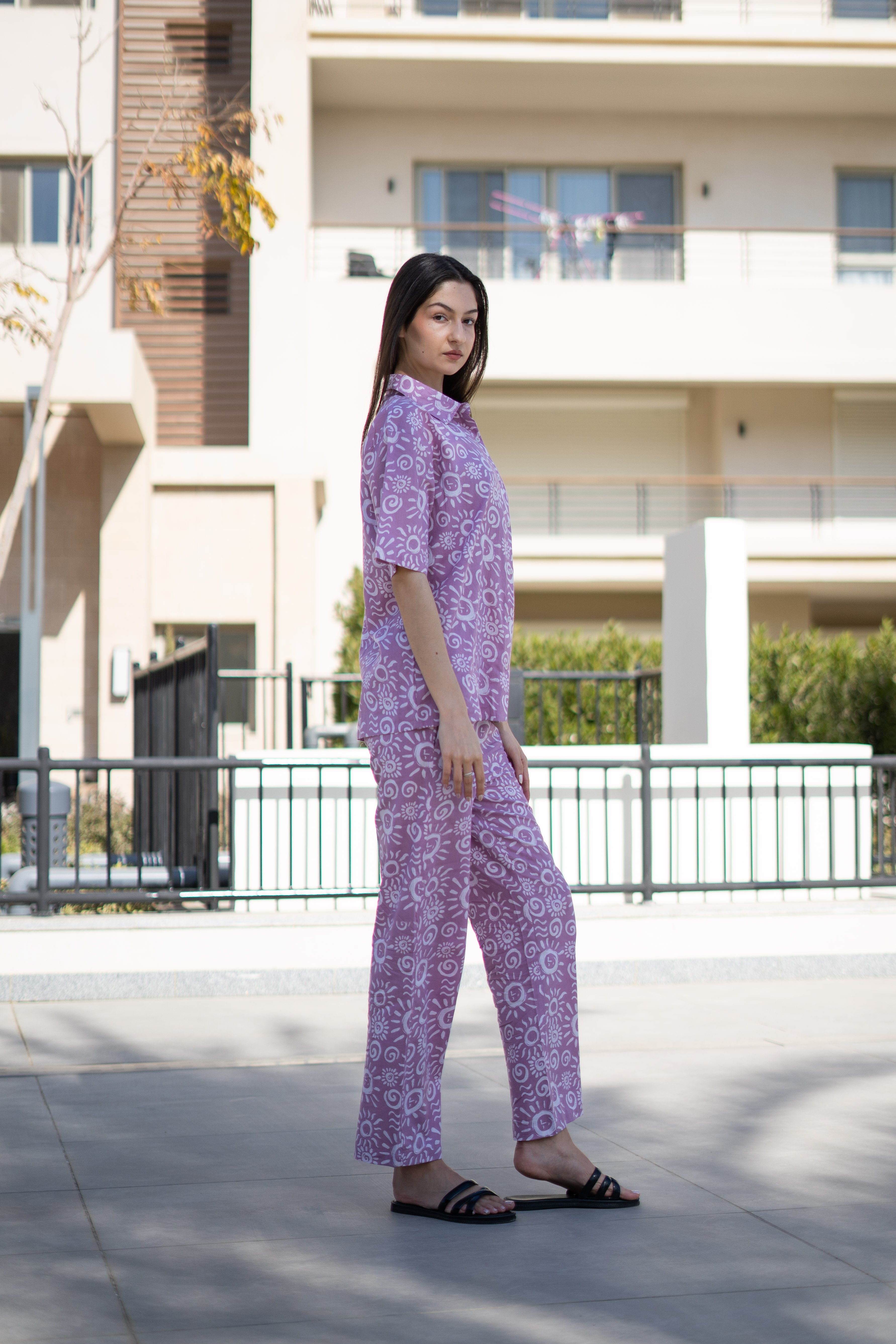 Lavender Color Printed Cotton Night Suit For Women