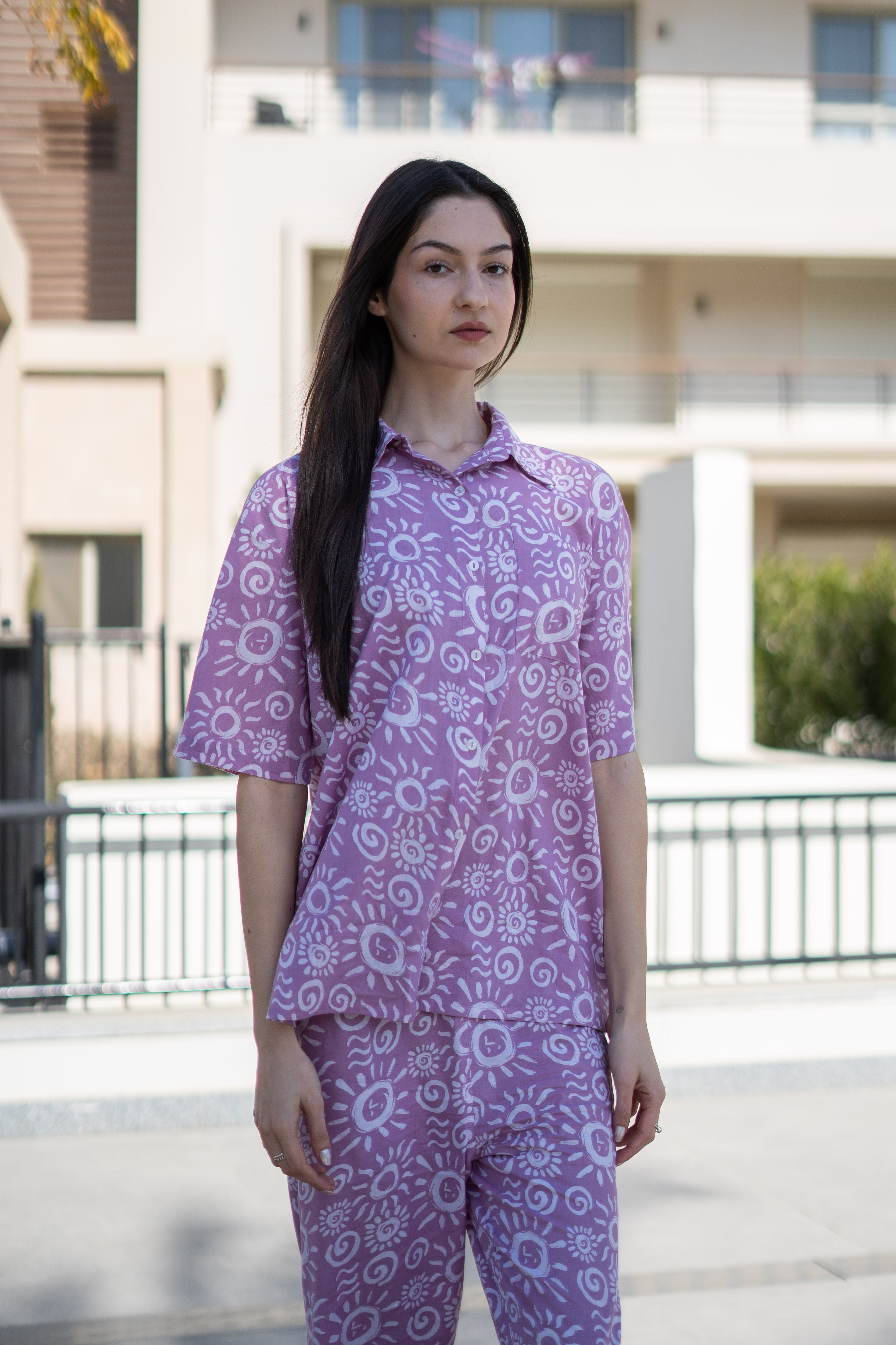 Lavender Color Printed Cotton Night Suit For Women