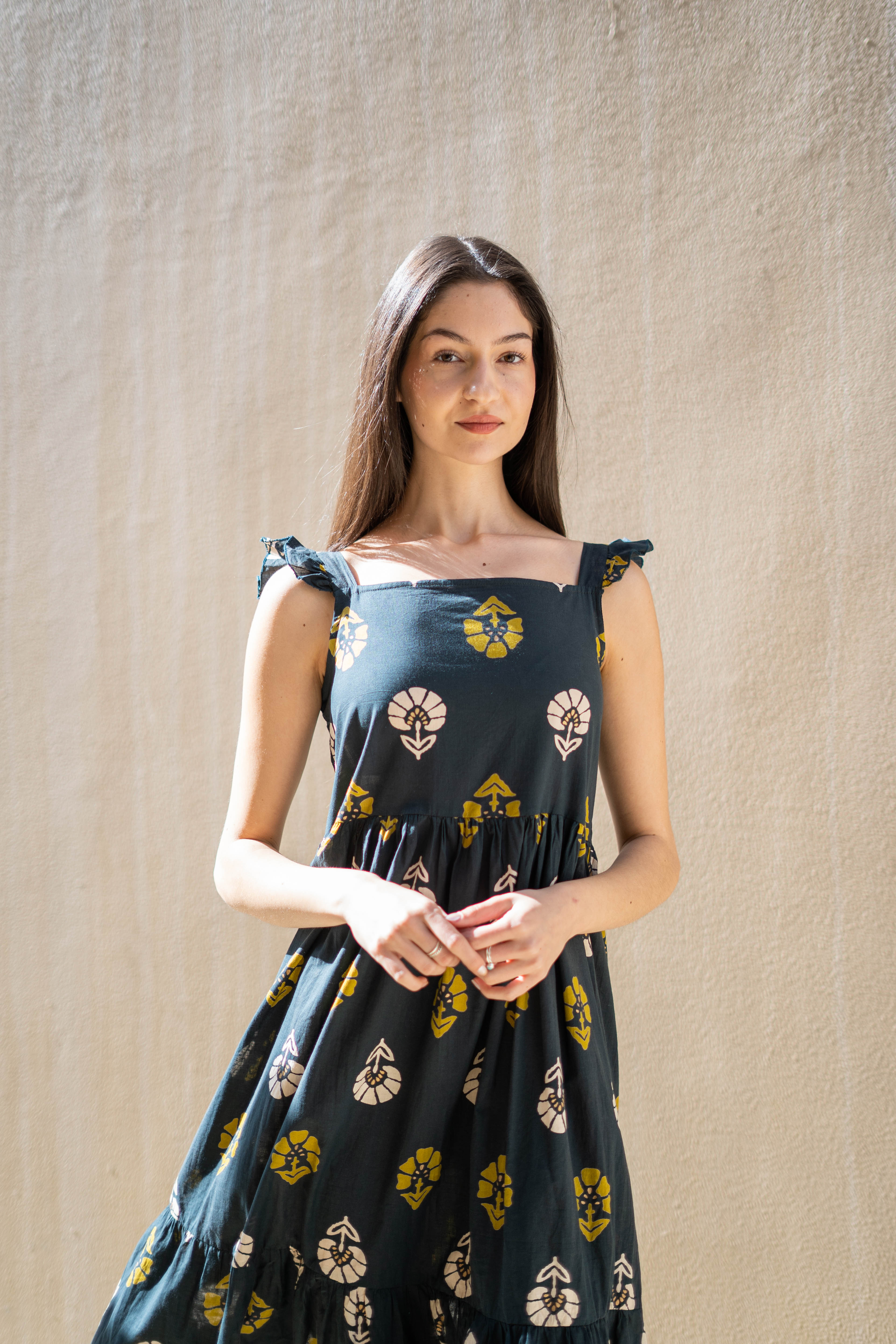 Teal Color Floral Printed Cotton Dress