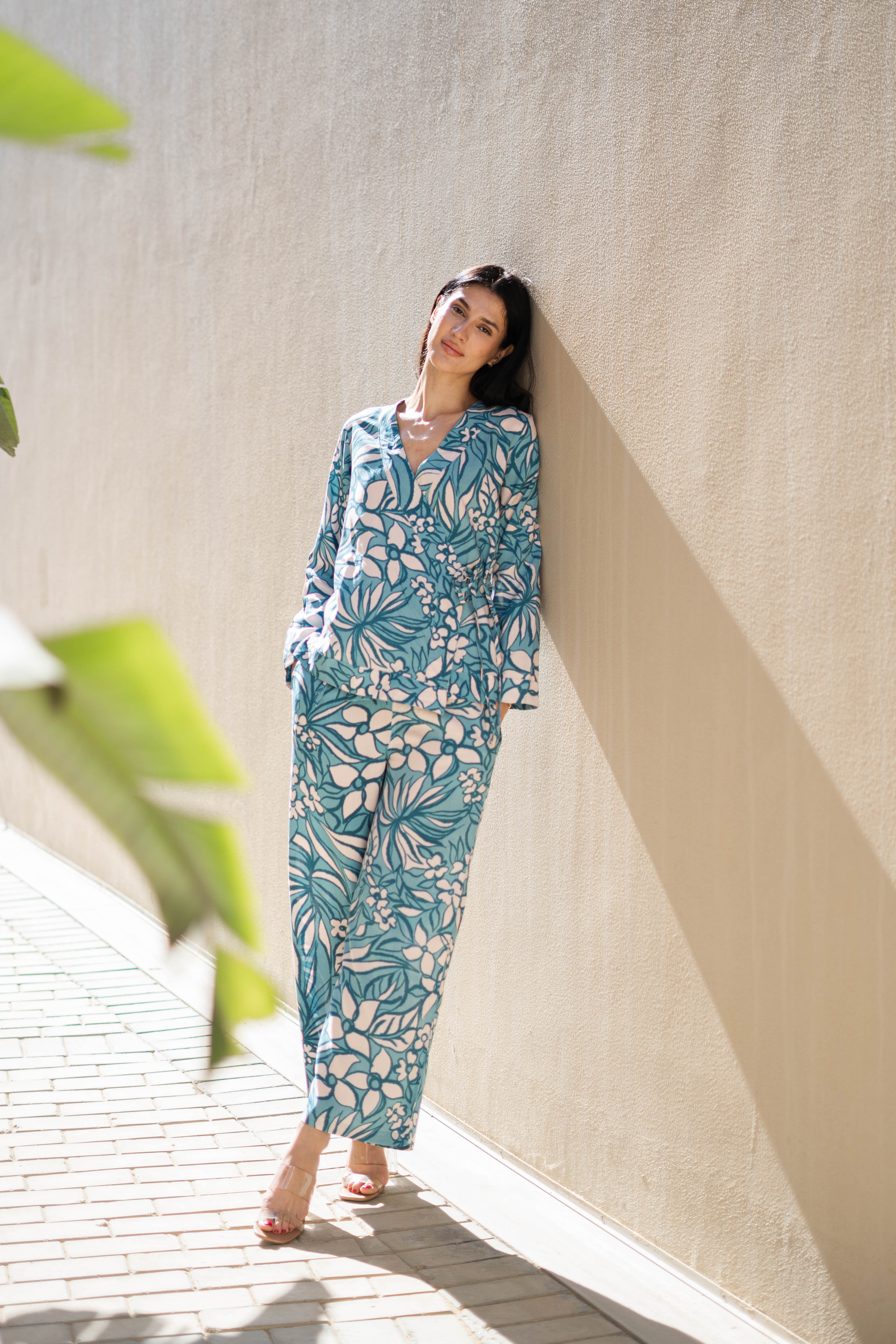 Green Floral Printed V-Neck Co-ords Set - SanskrutiHomes