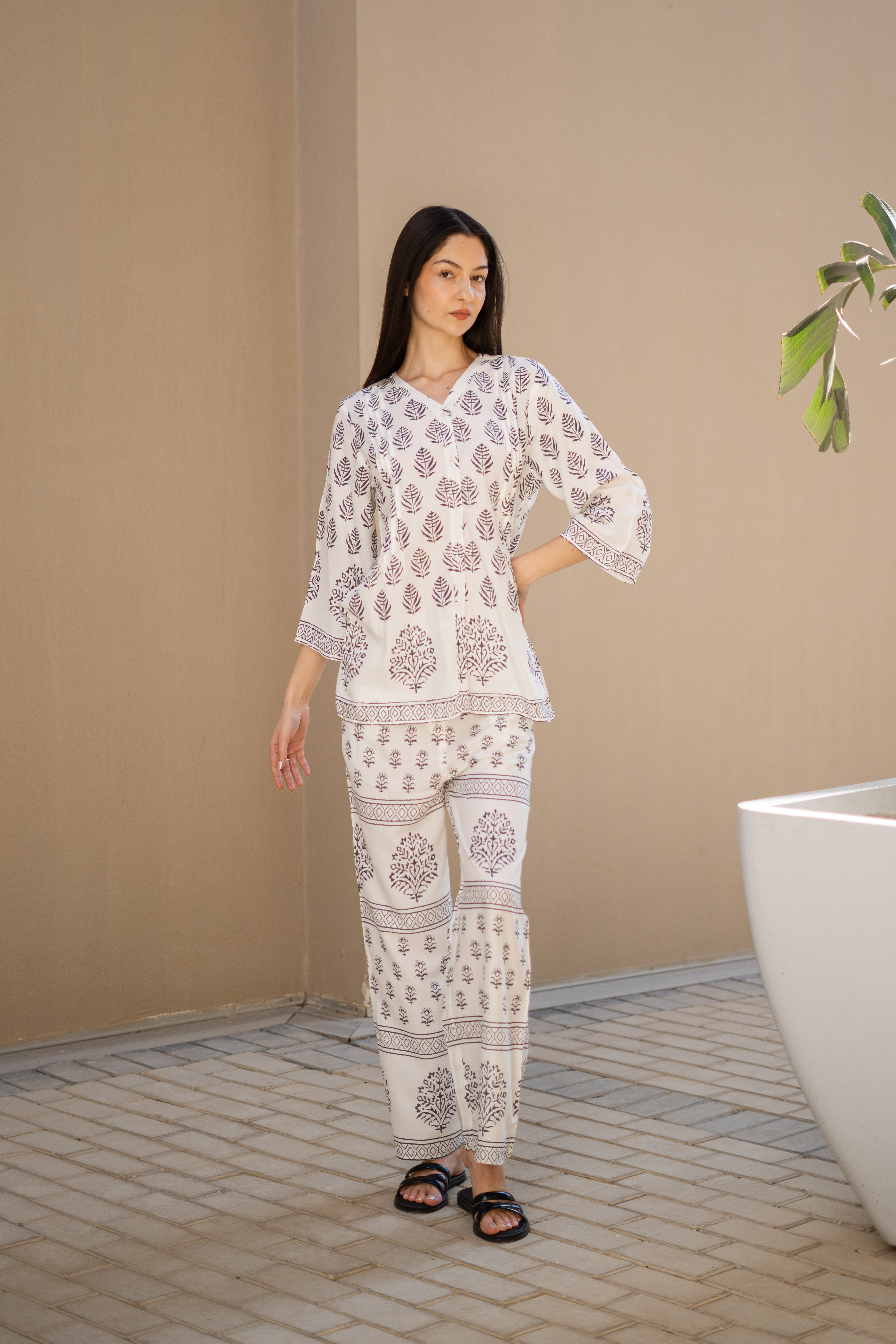 White Ethnic Motif Co Ord Set