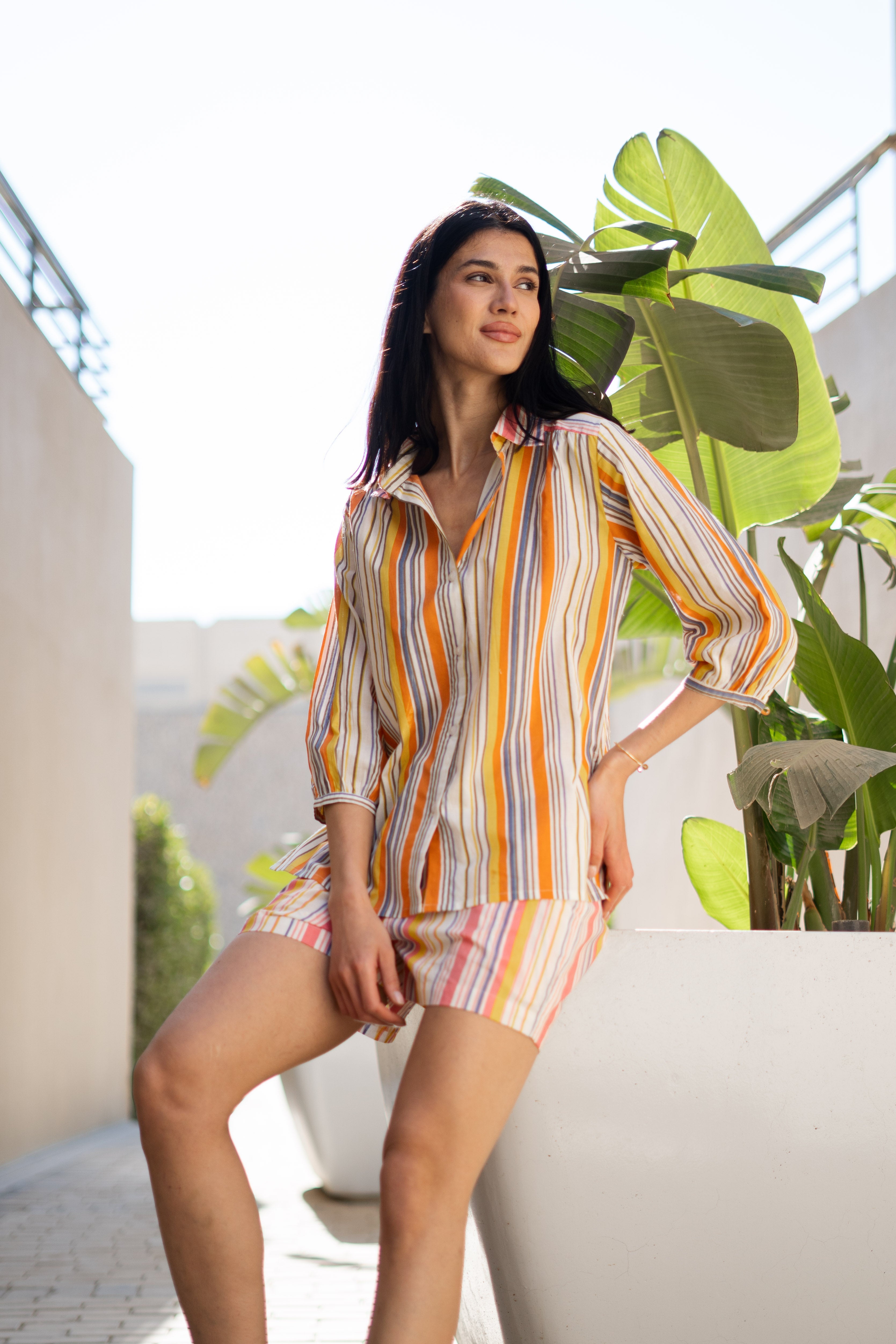 Orange Pure Cotton Printed Shirt Collar Night Suit for Women