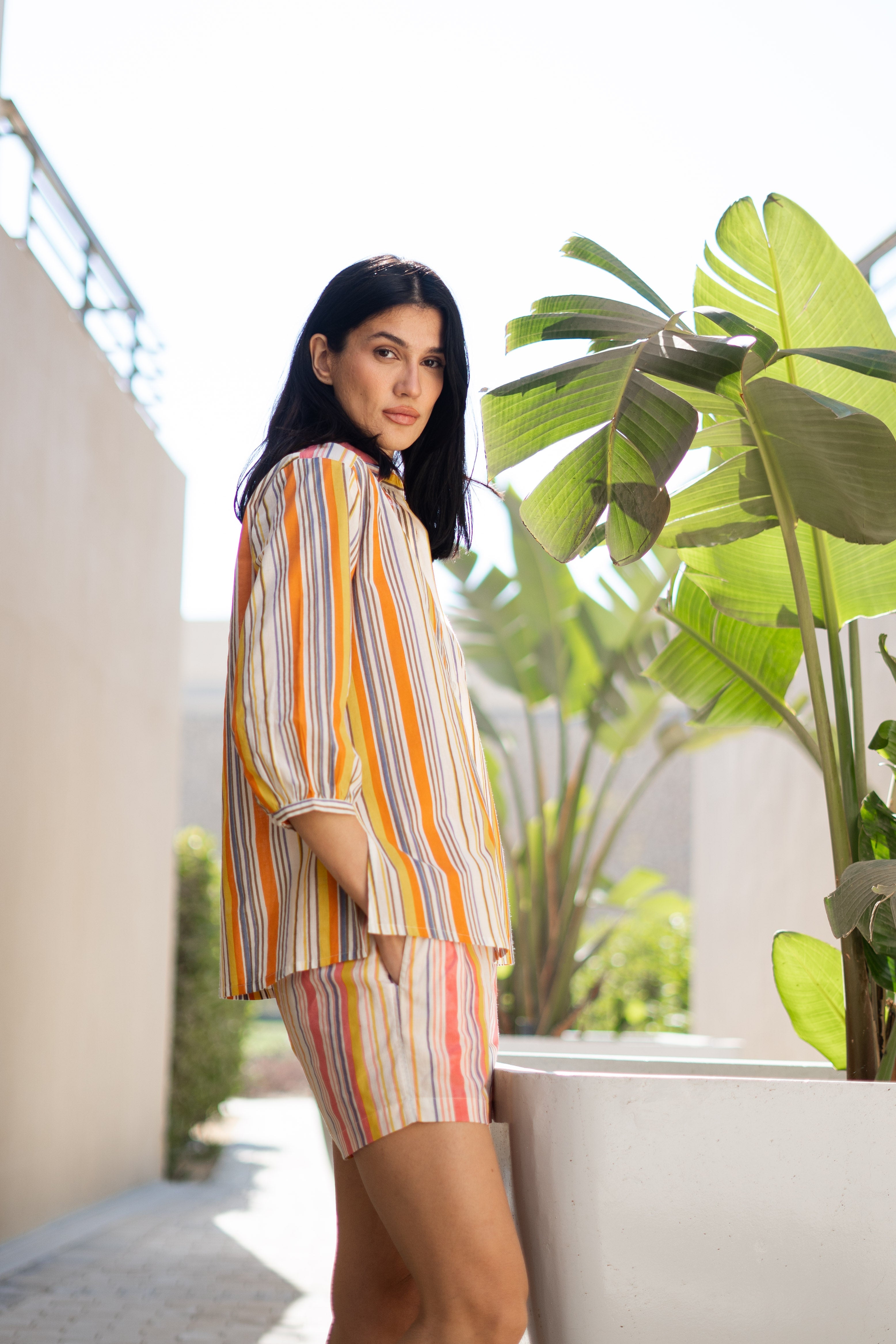 Orange Pure Cotton Printed Shirt Collar Night Suit for Women - SanskrutiHomes