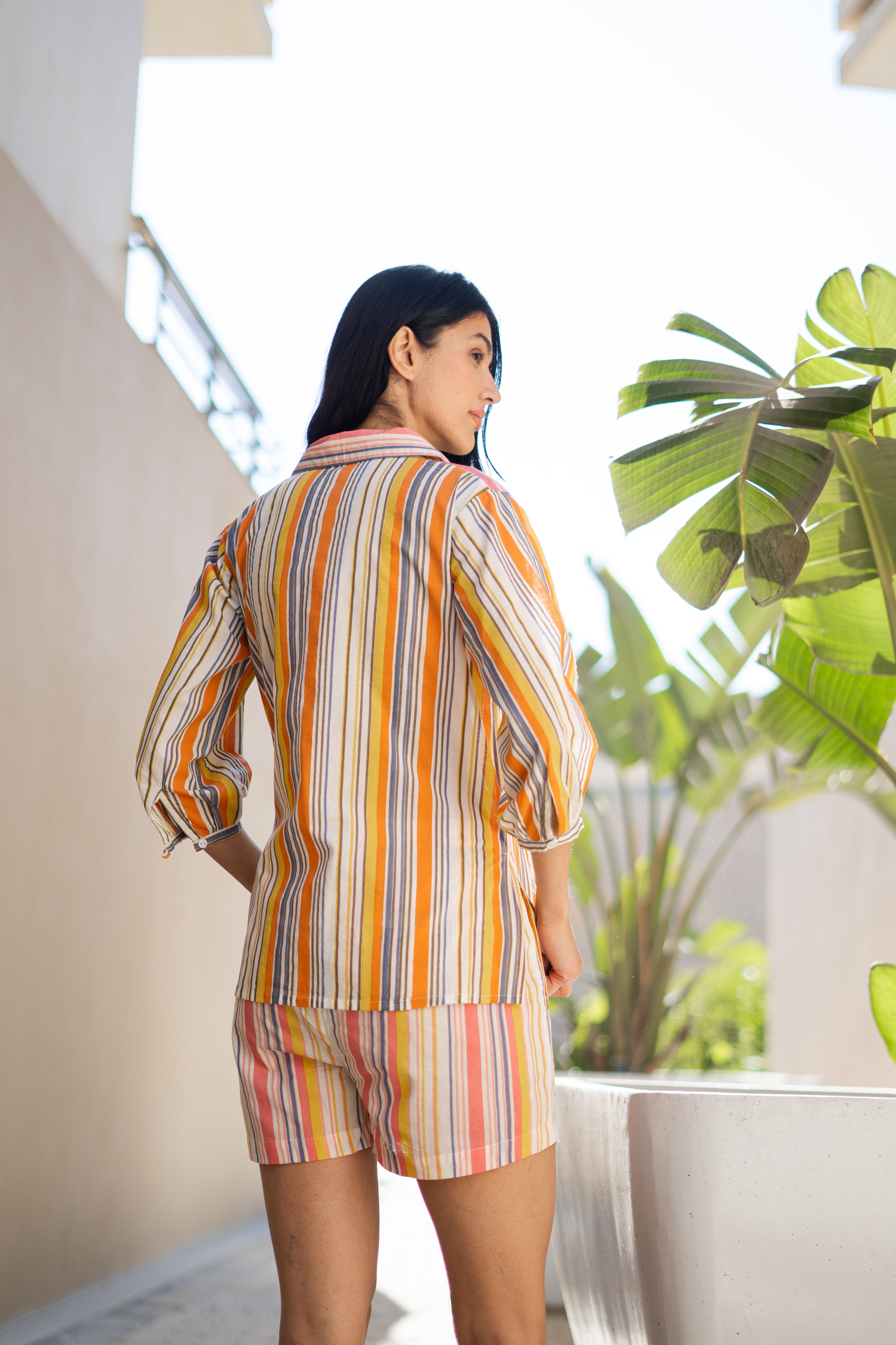 Orange Pure Cotton Printed Shirt Collar Night Suit for Women - SanskrutiHomes