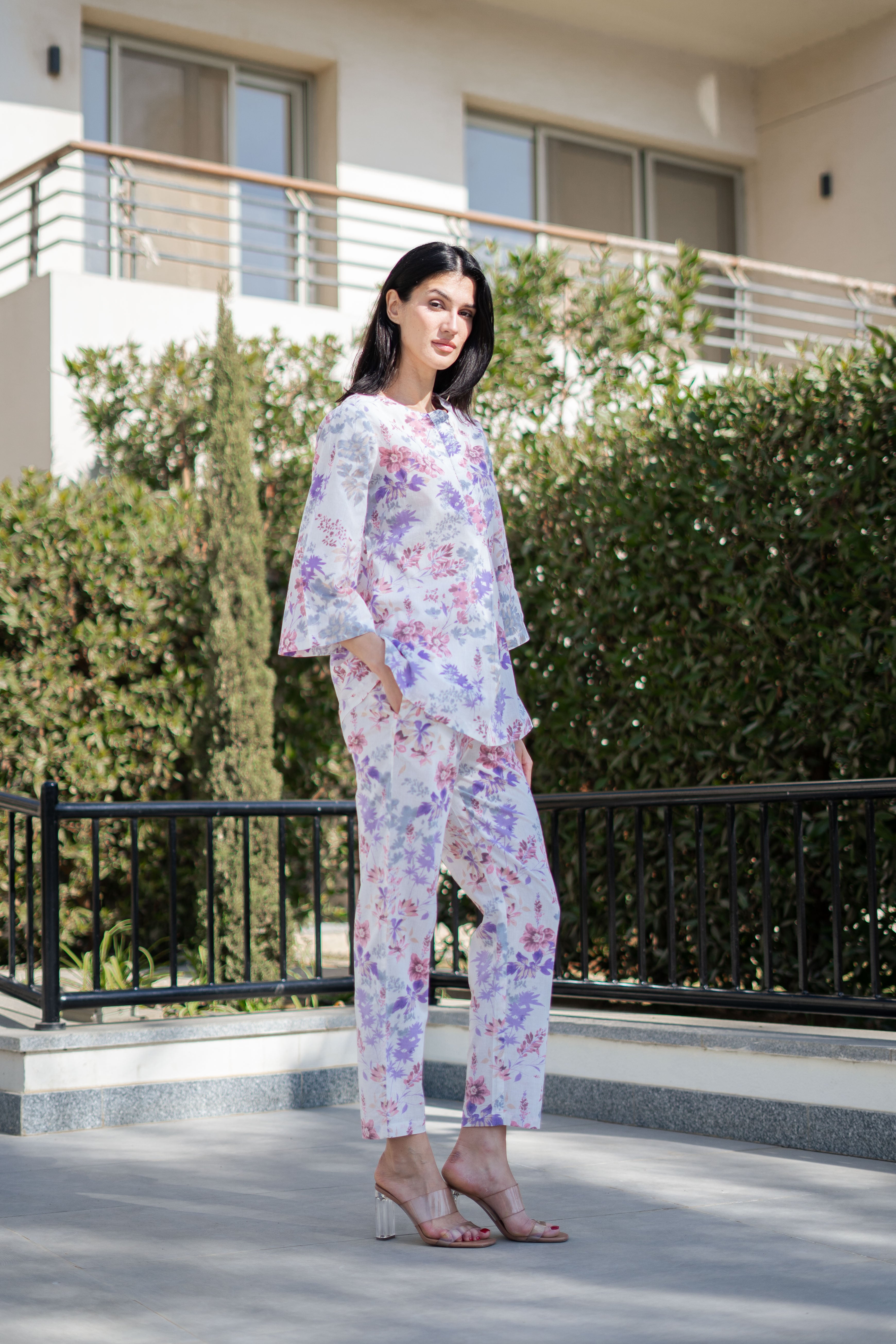 White Floral Printed Round Neck Night Suit Set