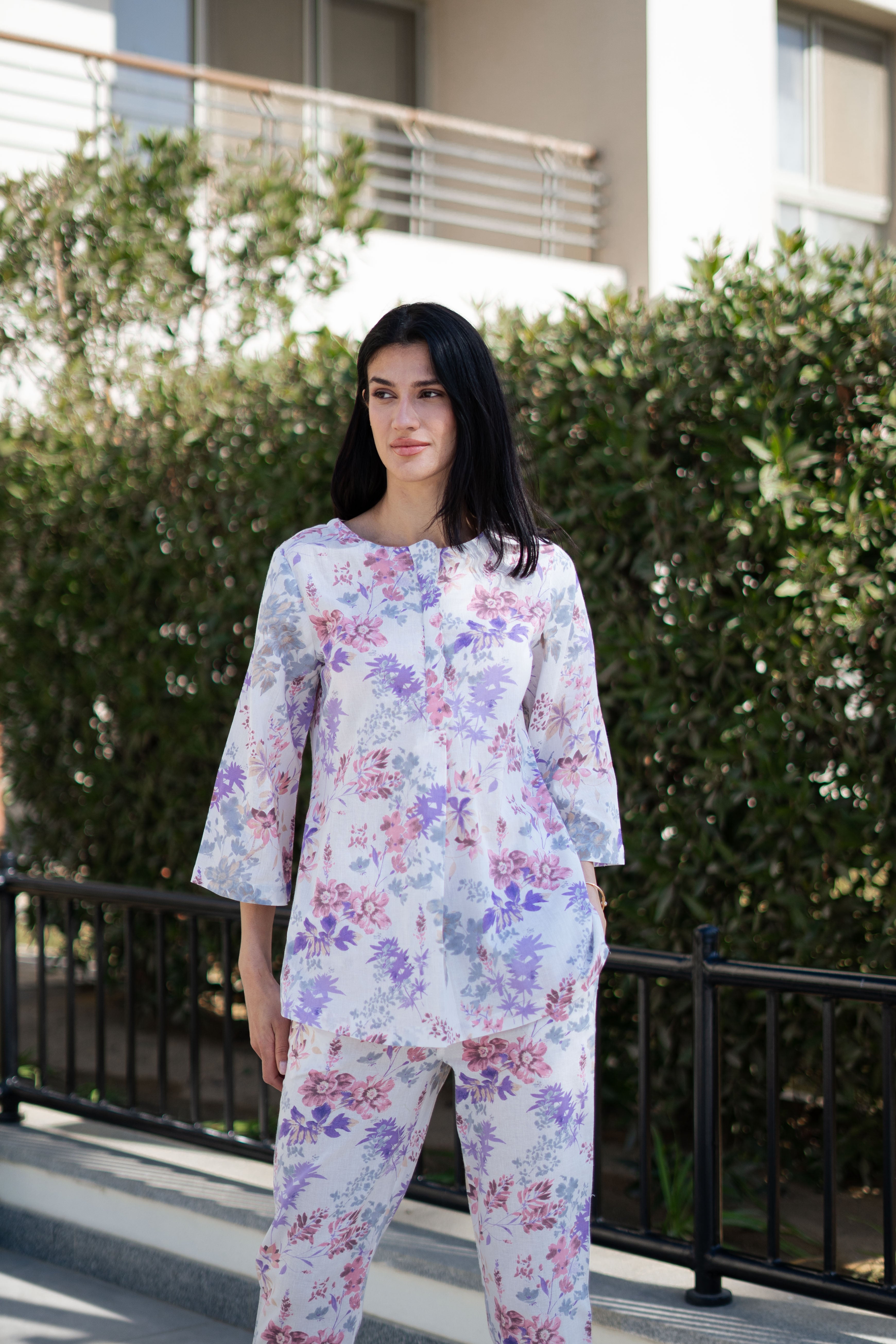 White Floral Printed Round Neck Night Suit Set