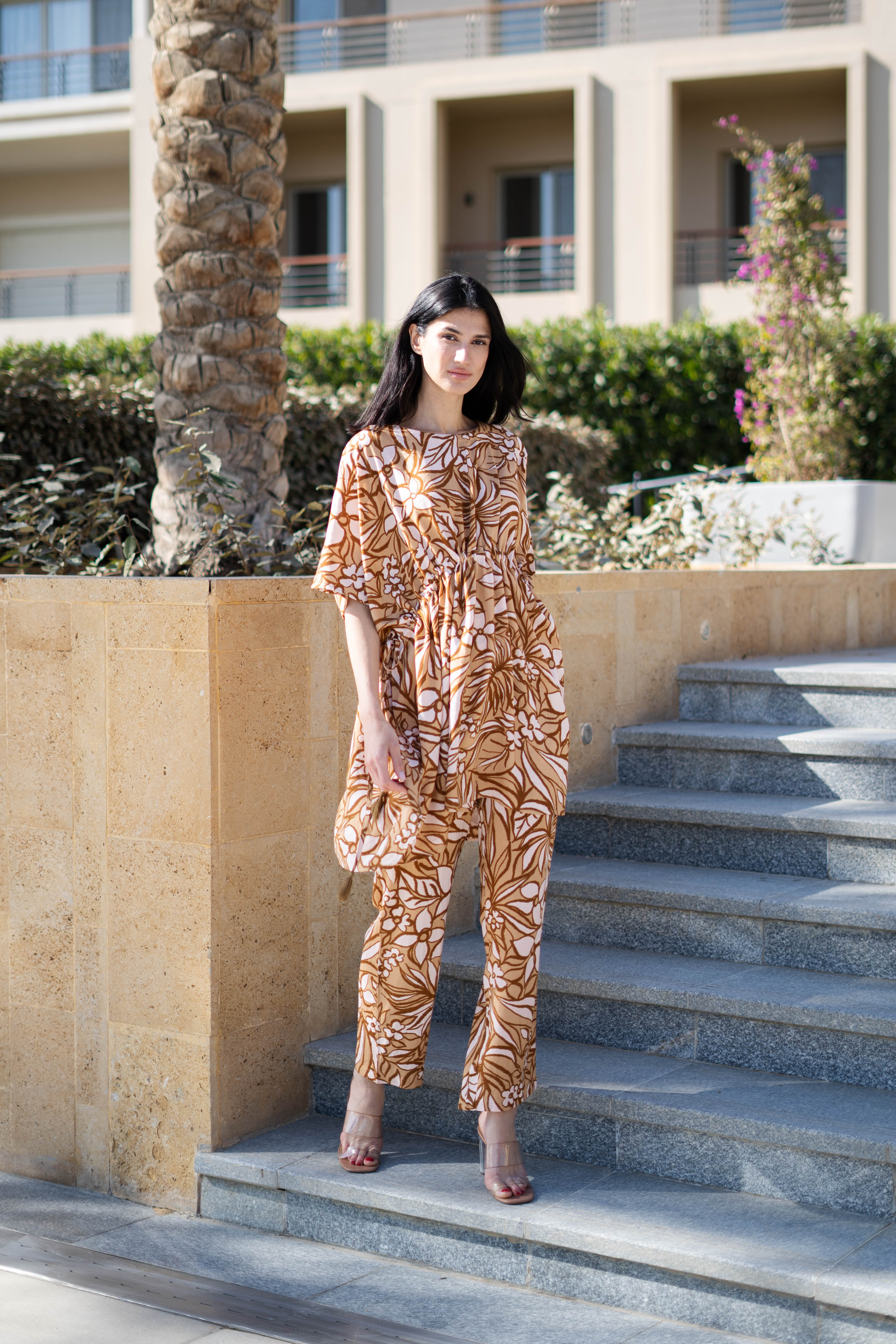 Coffee Brown Floral Printed Kaftan Night Suit - SanskrutiHomes