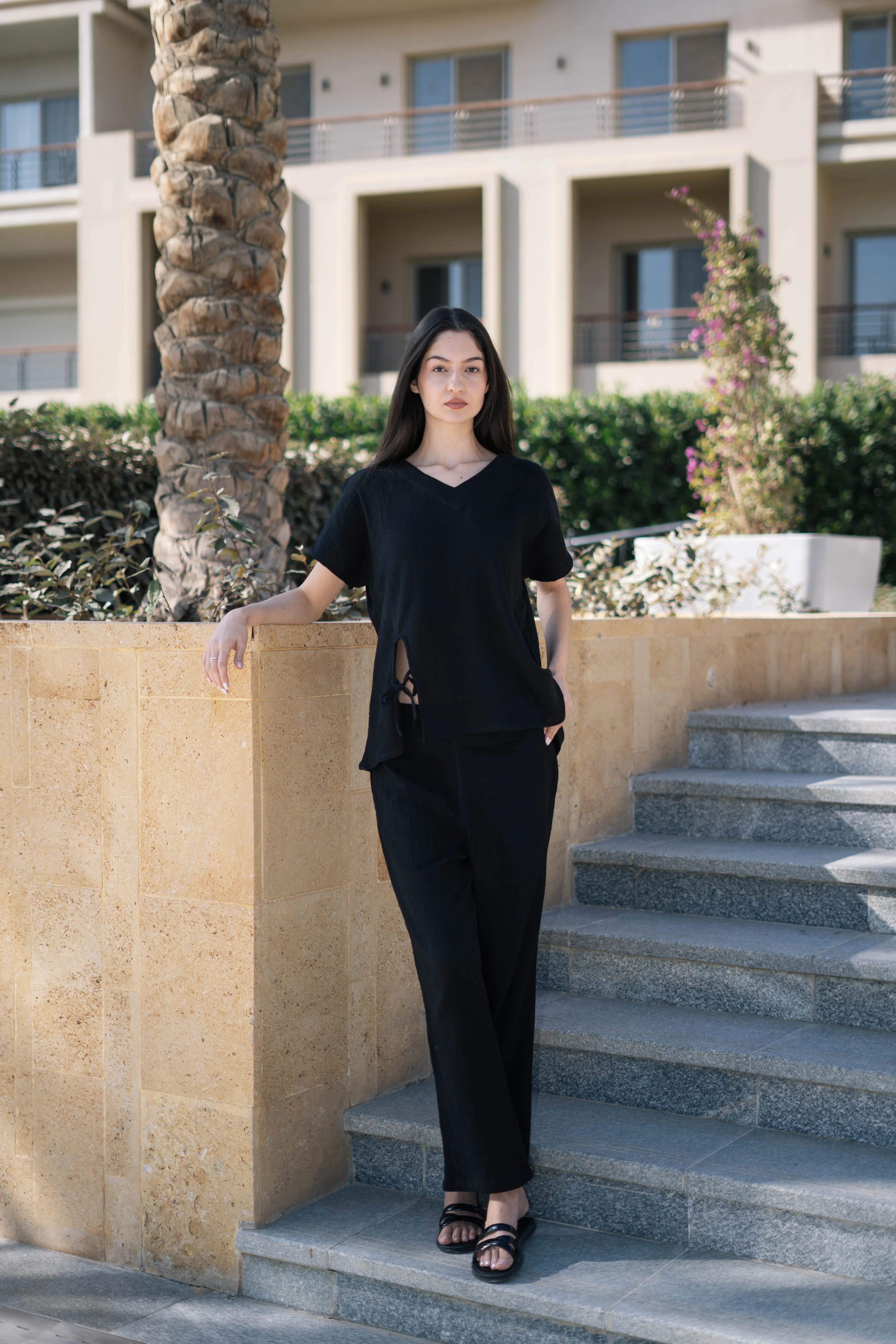 Black Pure Cotton Solid V-Neck night suit for women - SanskrutiHomes