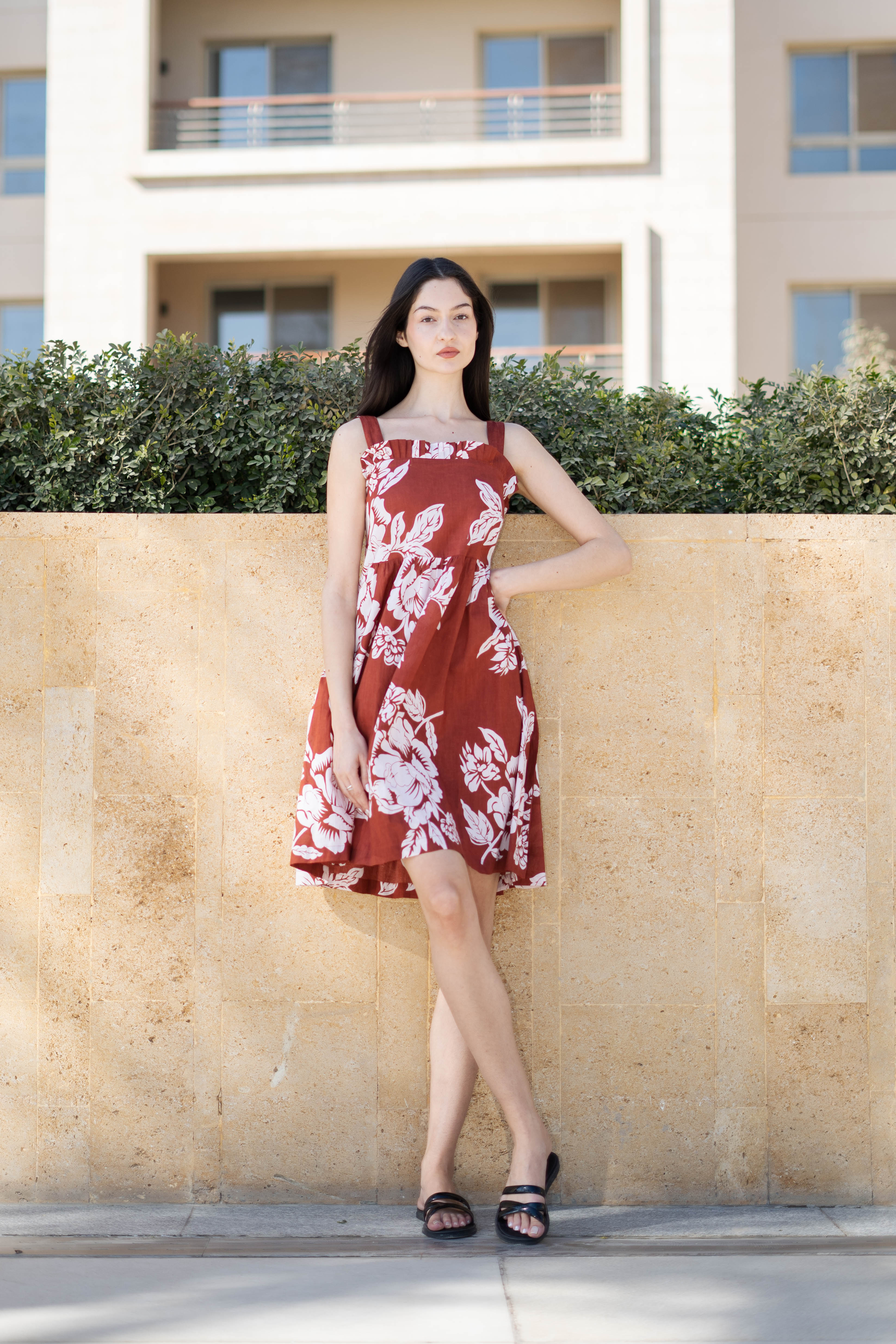 Red Floral Printed Square Neck Dress for Women