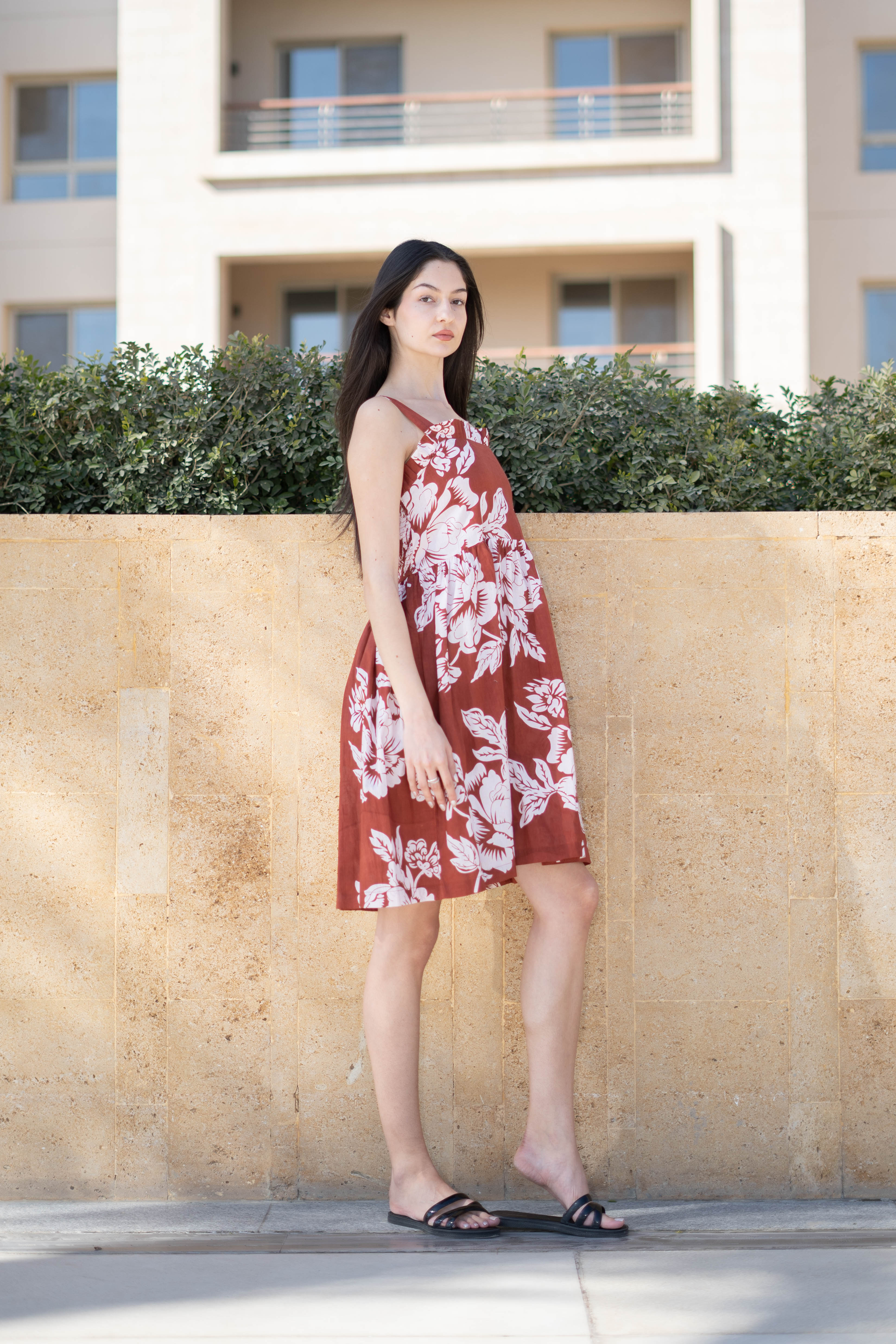 Red Floral Printed Square Neck Dress for Women