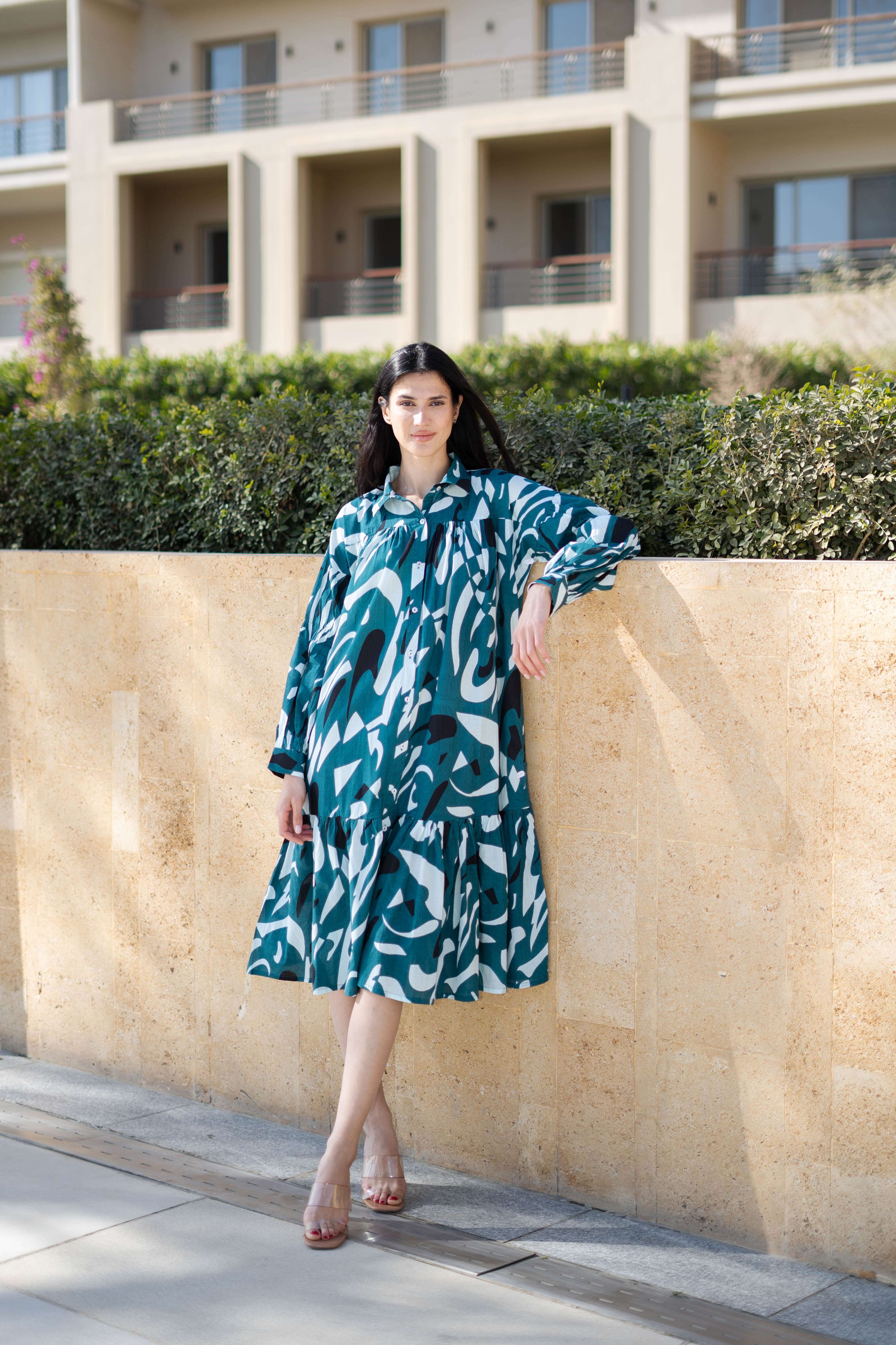 Teal Color Shirt Collar Printed Cotton Dress