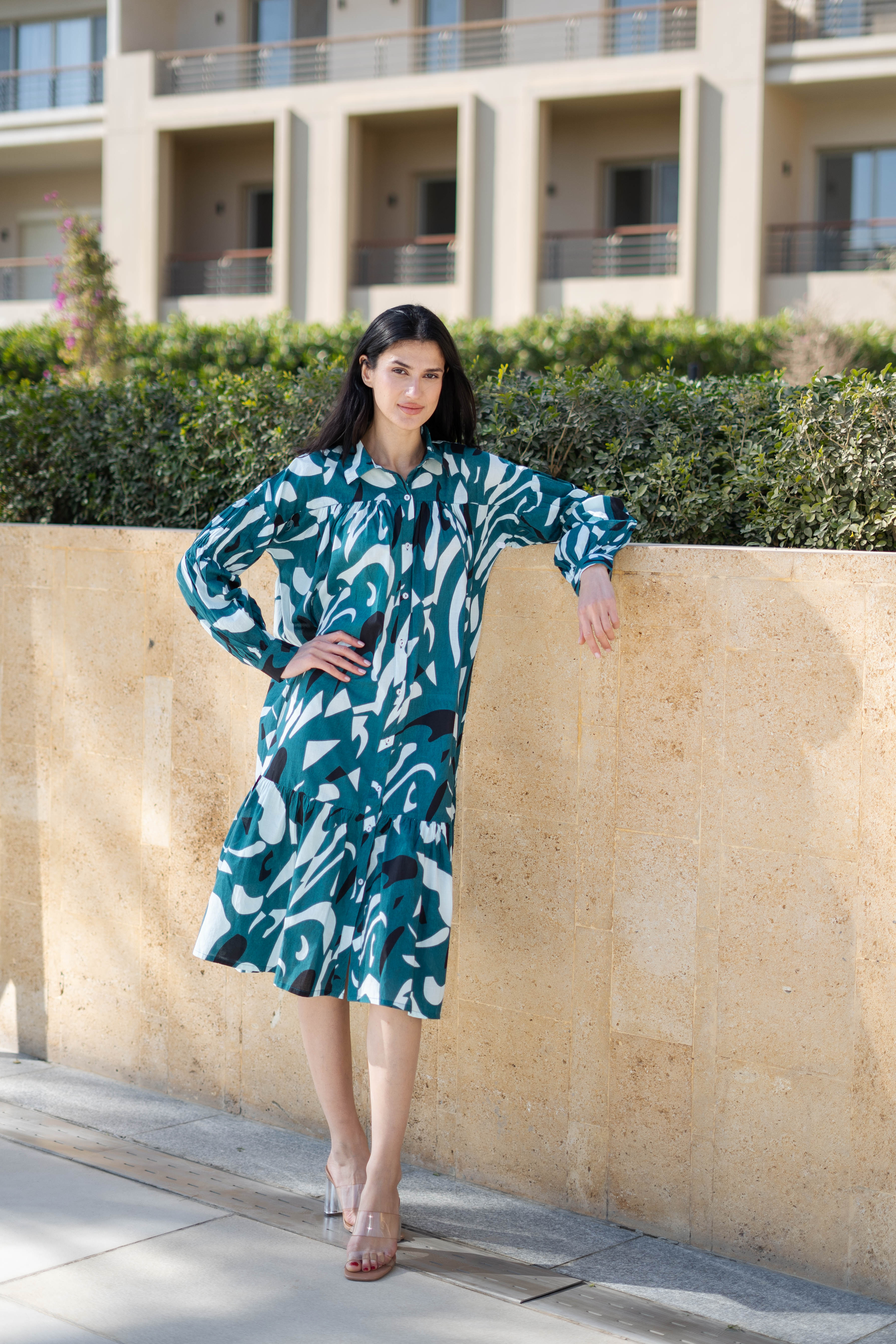 Teal Color Shirt Collar Printed Cotton Dress