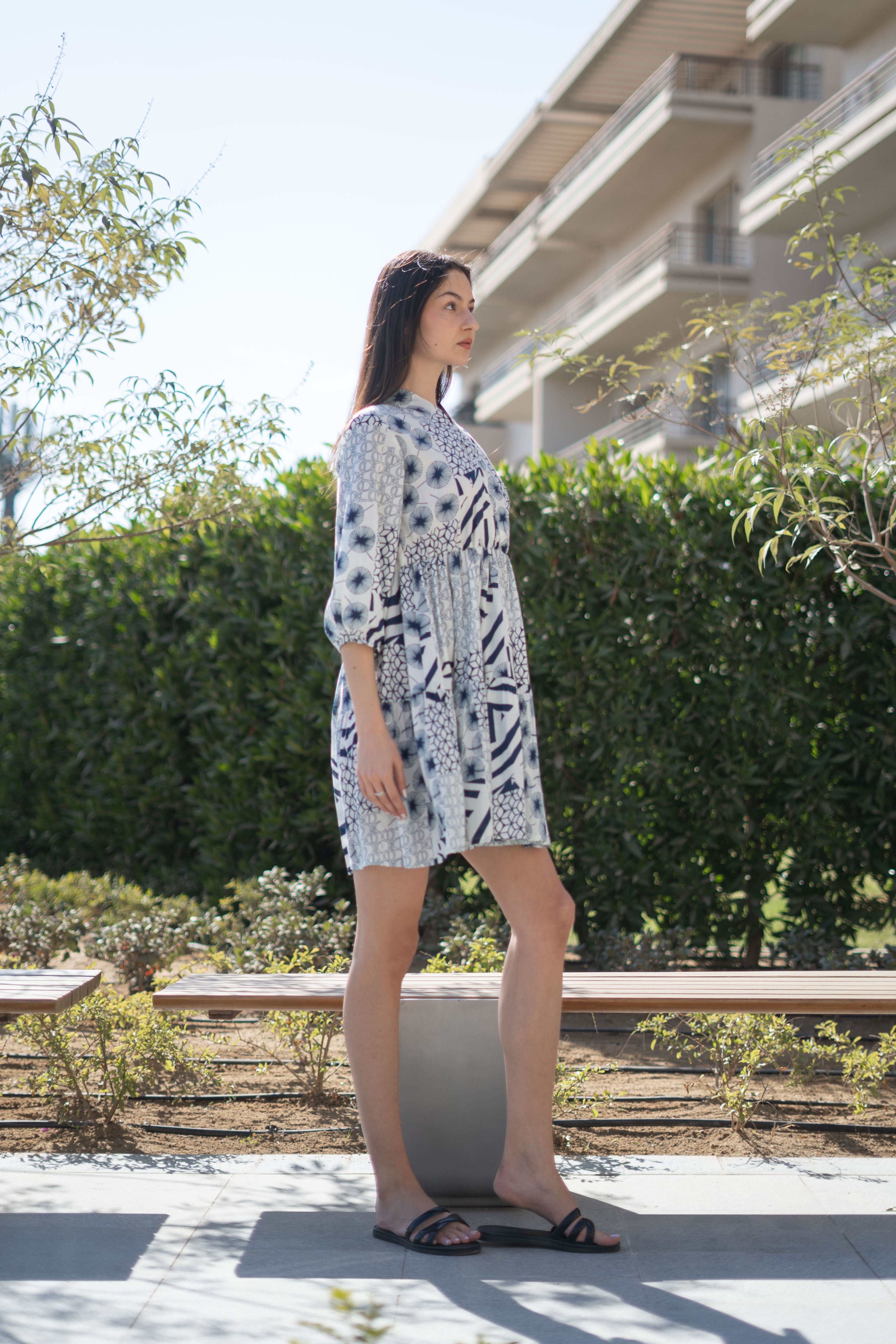 White Color Geometric Print Cotton Dress for Women