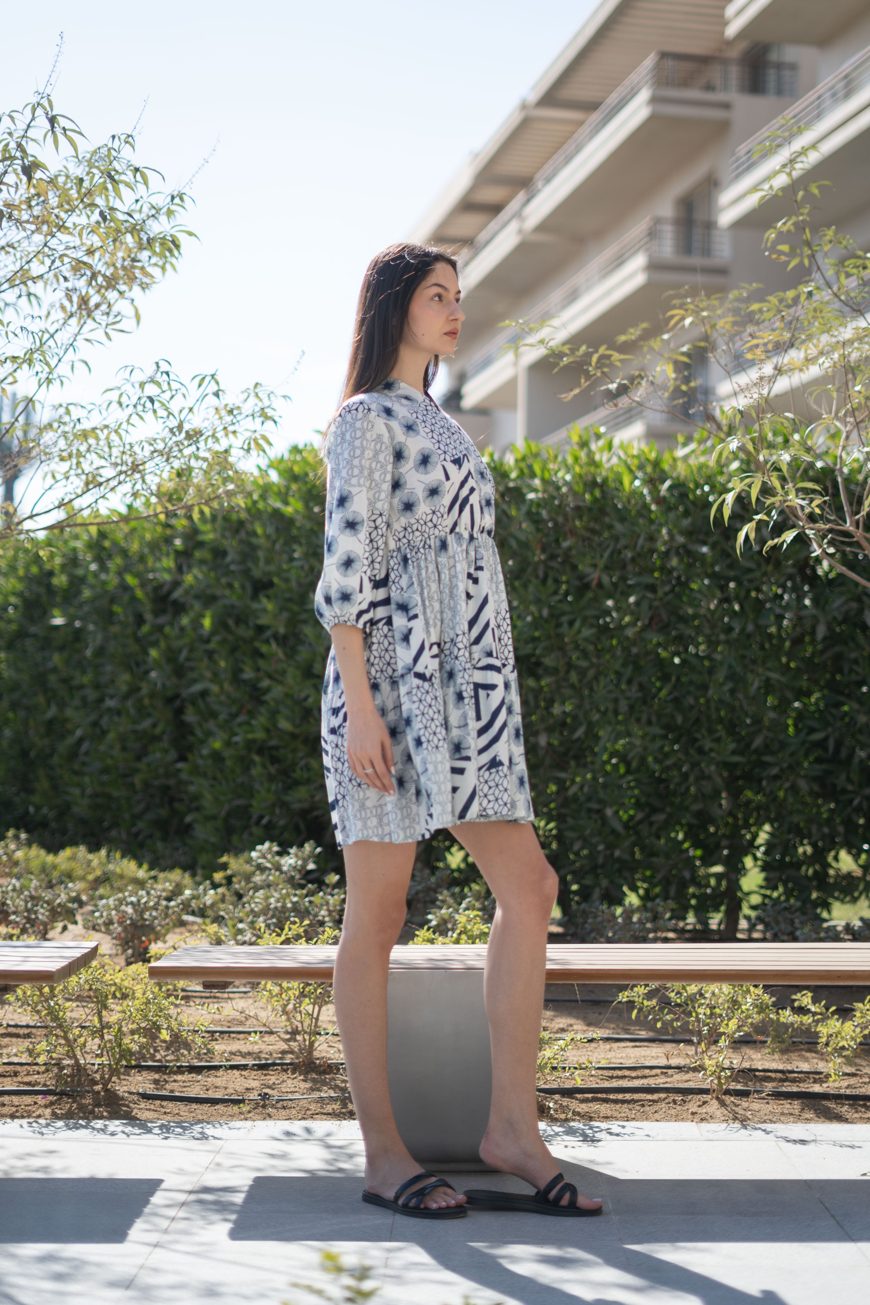 White Color Geometric Print Cotton Dress for Women - SanskrutiHomes