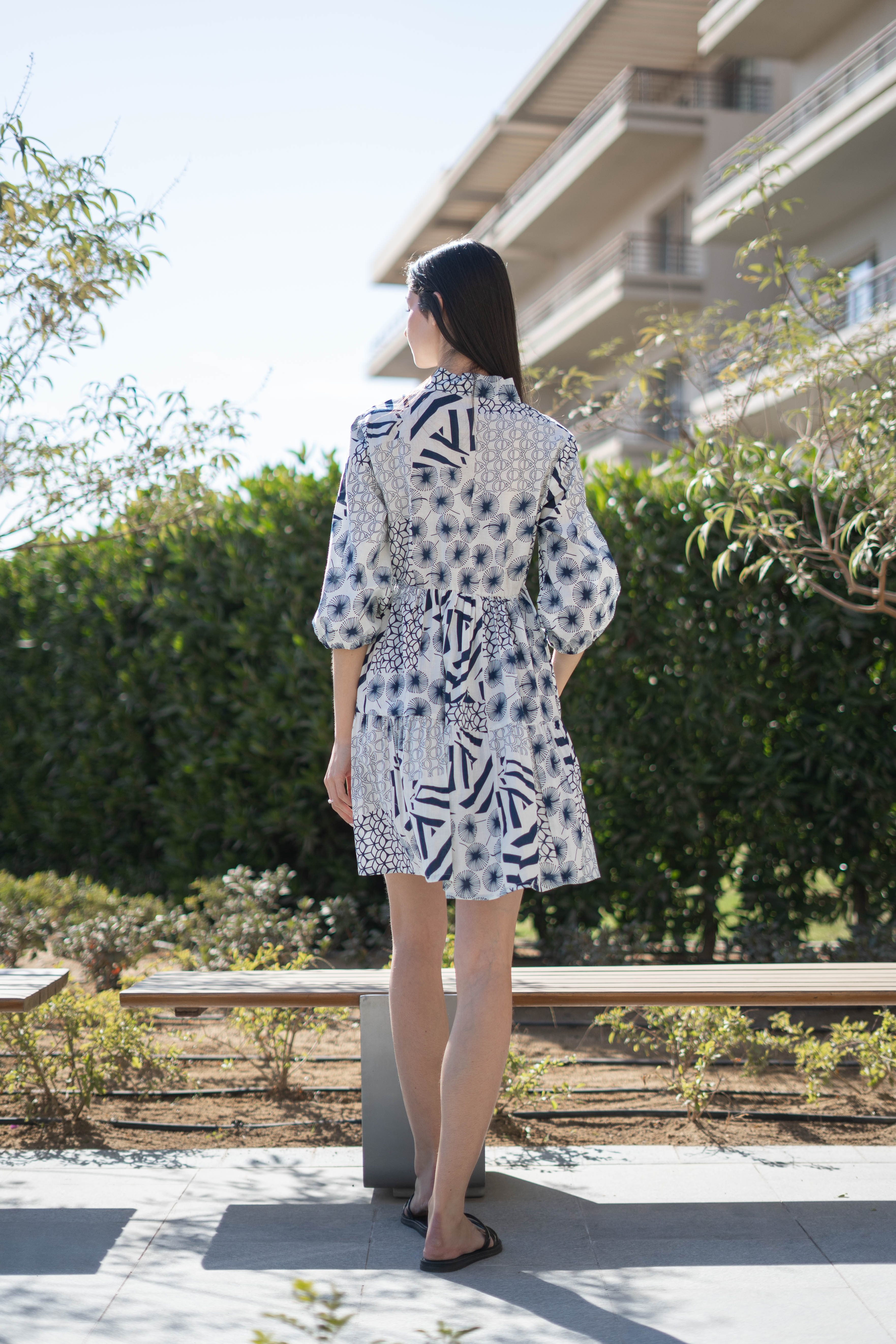 White Color Geometric Print Cotton Dress for Women