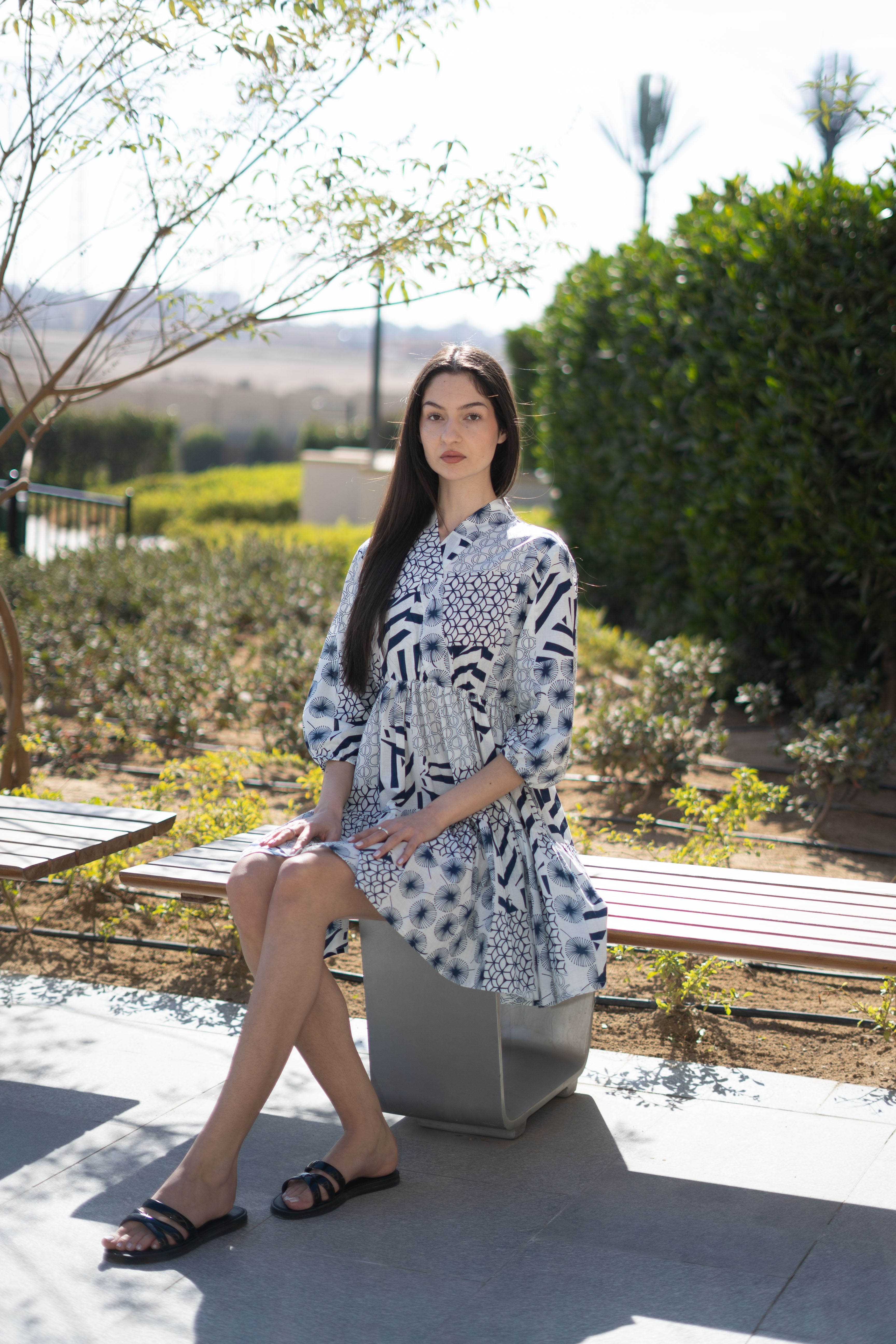 White Color Geometric Print Cotton Dress for Women