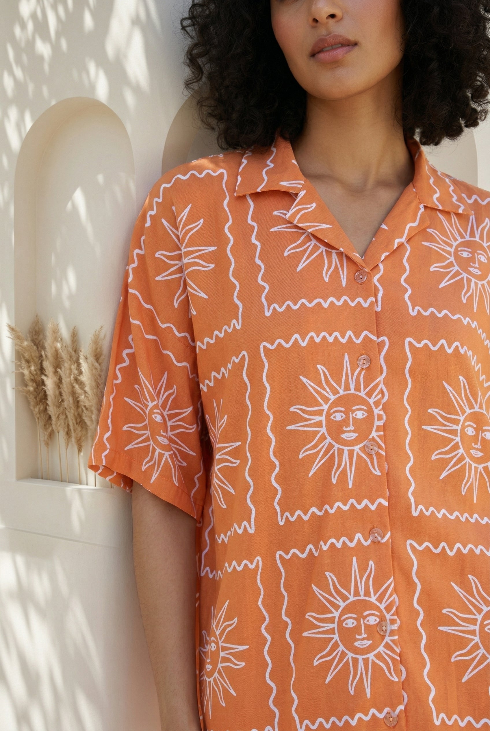 Rust Geometric Print Shirt Collar Night Suit For Women
