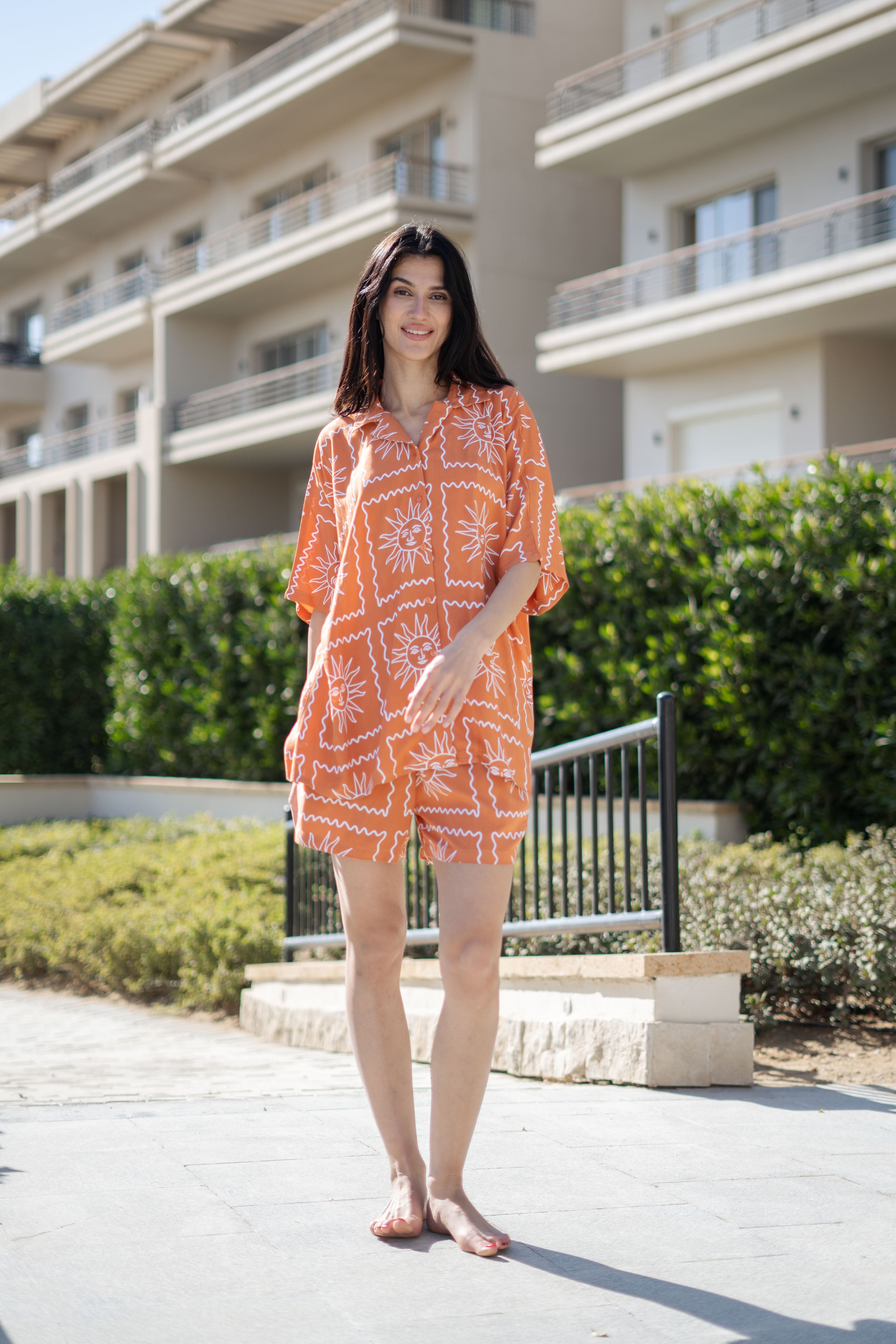 Rust Viscose Rayon Printed Shirt Collar Night Suit For Women