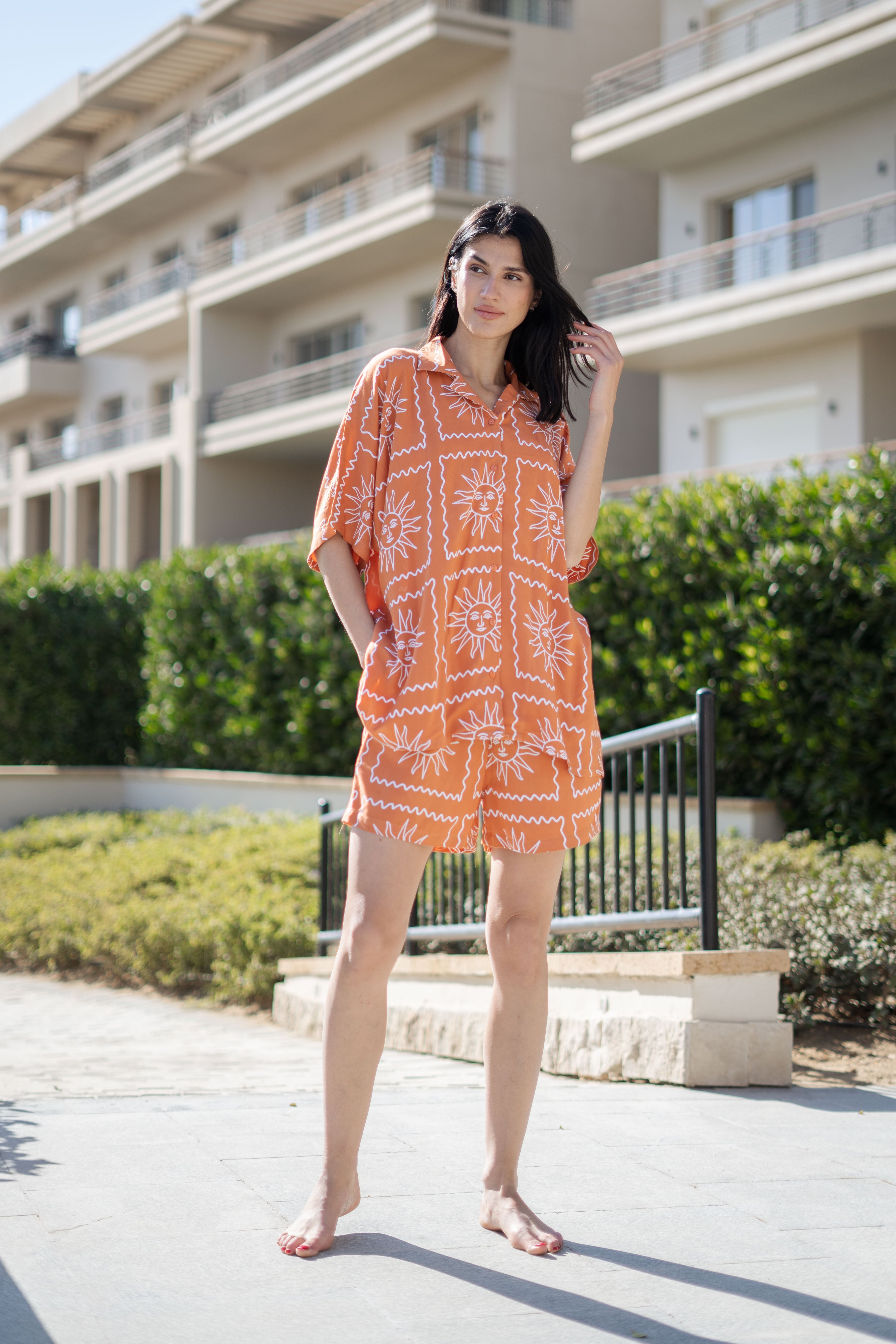 Rust Viscose Rayon Printed Shirt Collar Night Suit For Women