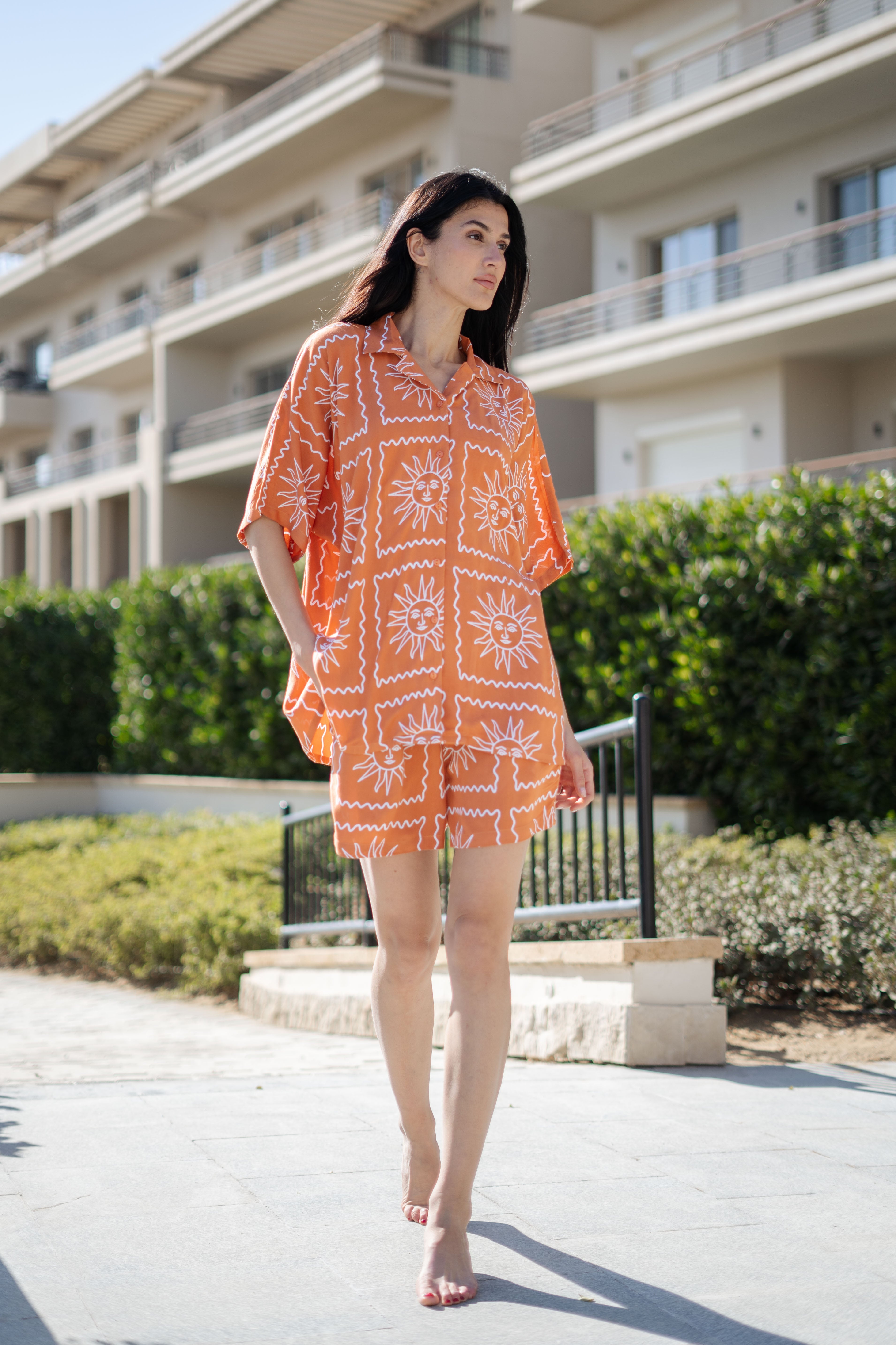 Rust Viscose Rayon Printed Shirt Collar Night Suit For Women