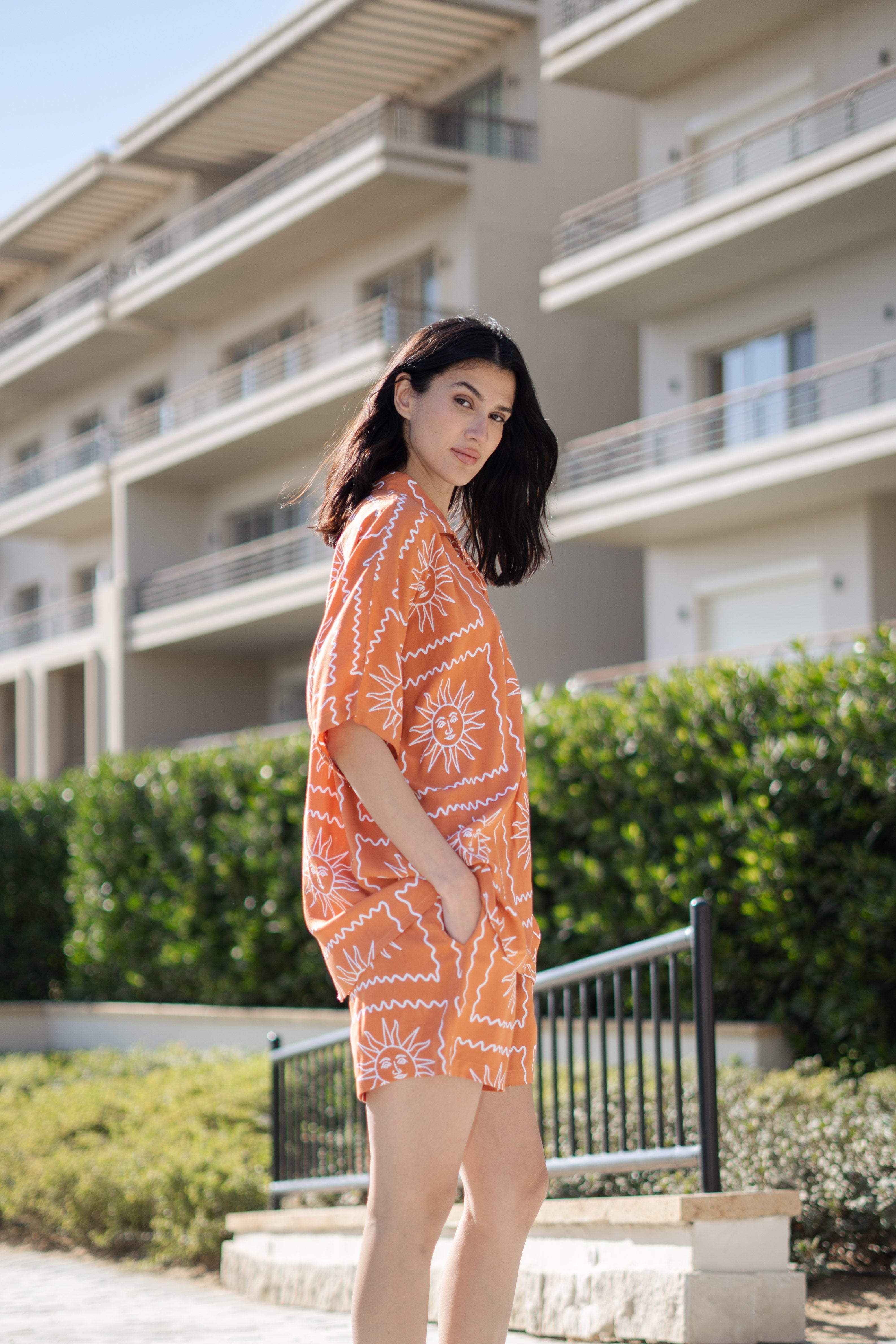 Rust Viscose Rayon Printed Shirt Collar Night Suit For Women