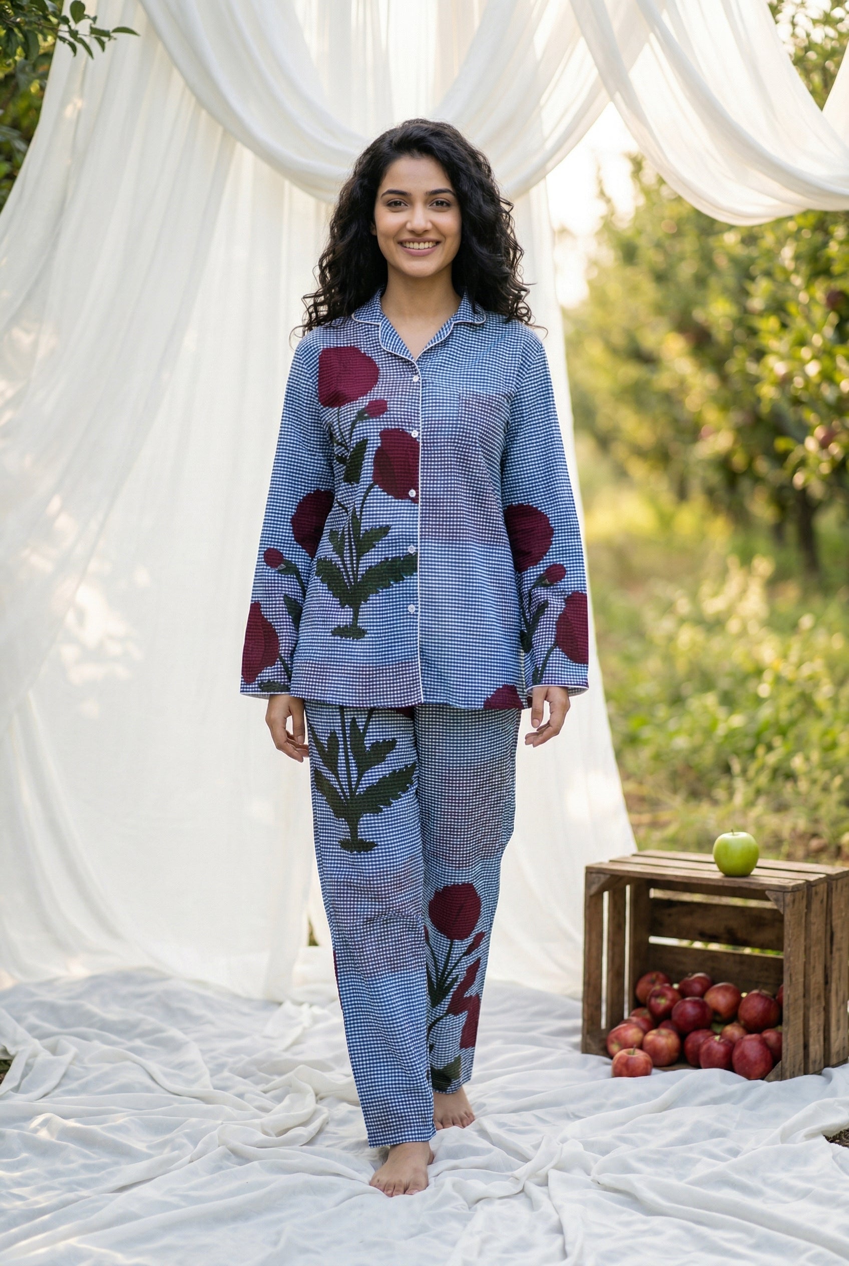 Blue Lapel Collar Pure Cotton Checked Night Suit For Women