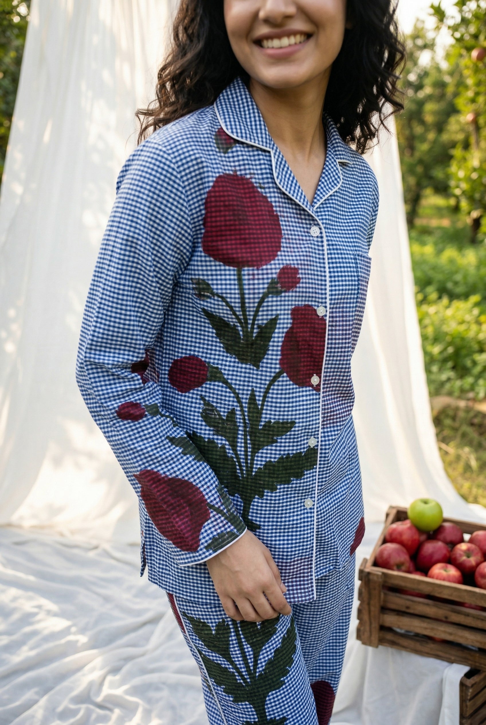 Blue Lapel Collar Pure Cotton Checked Night Suit For Women