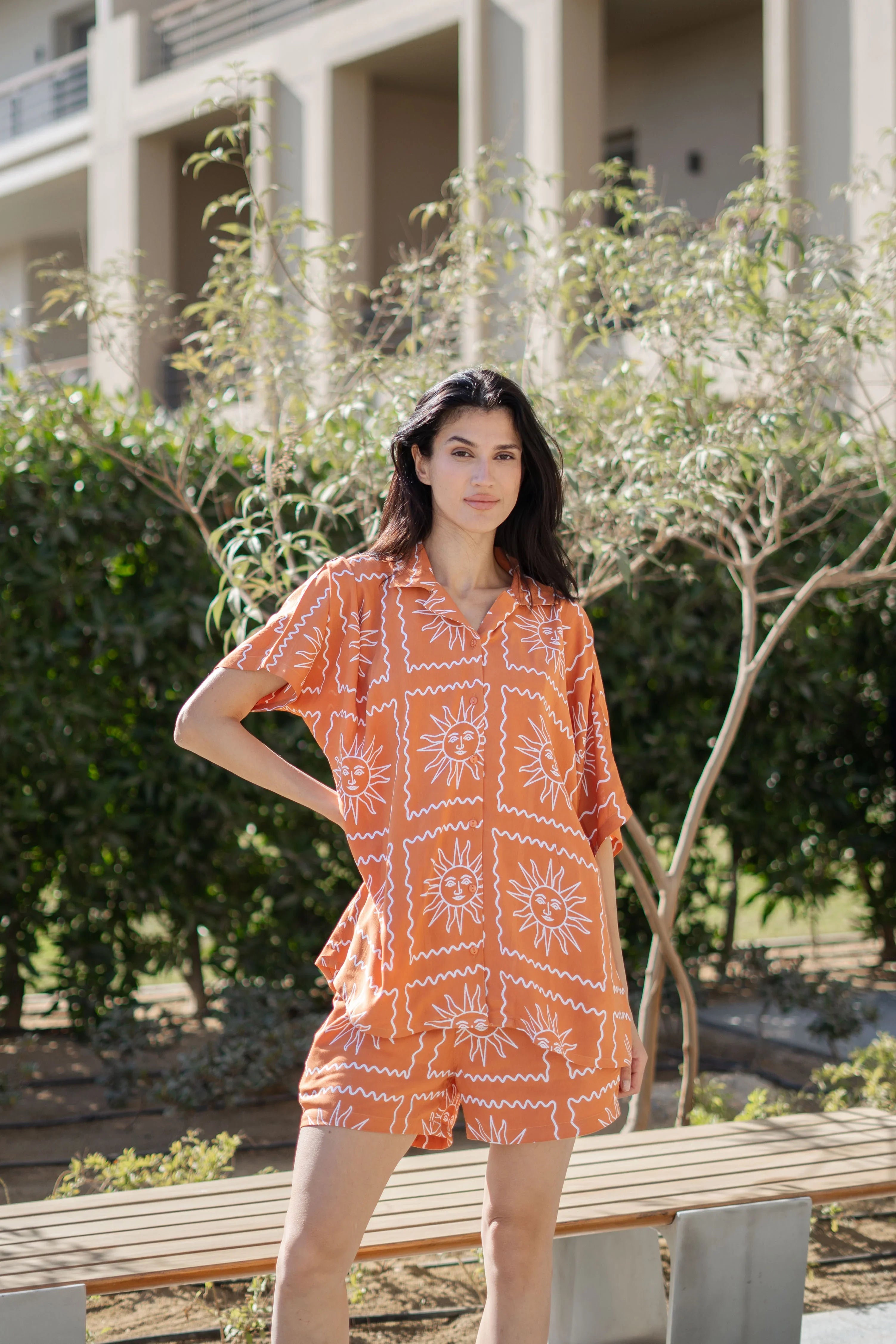 Rust Viscose Rayon Printed Shirt Collar Night Suit For Women