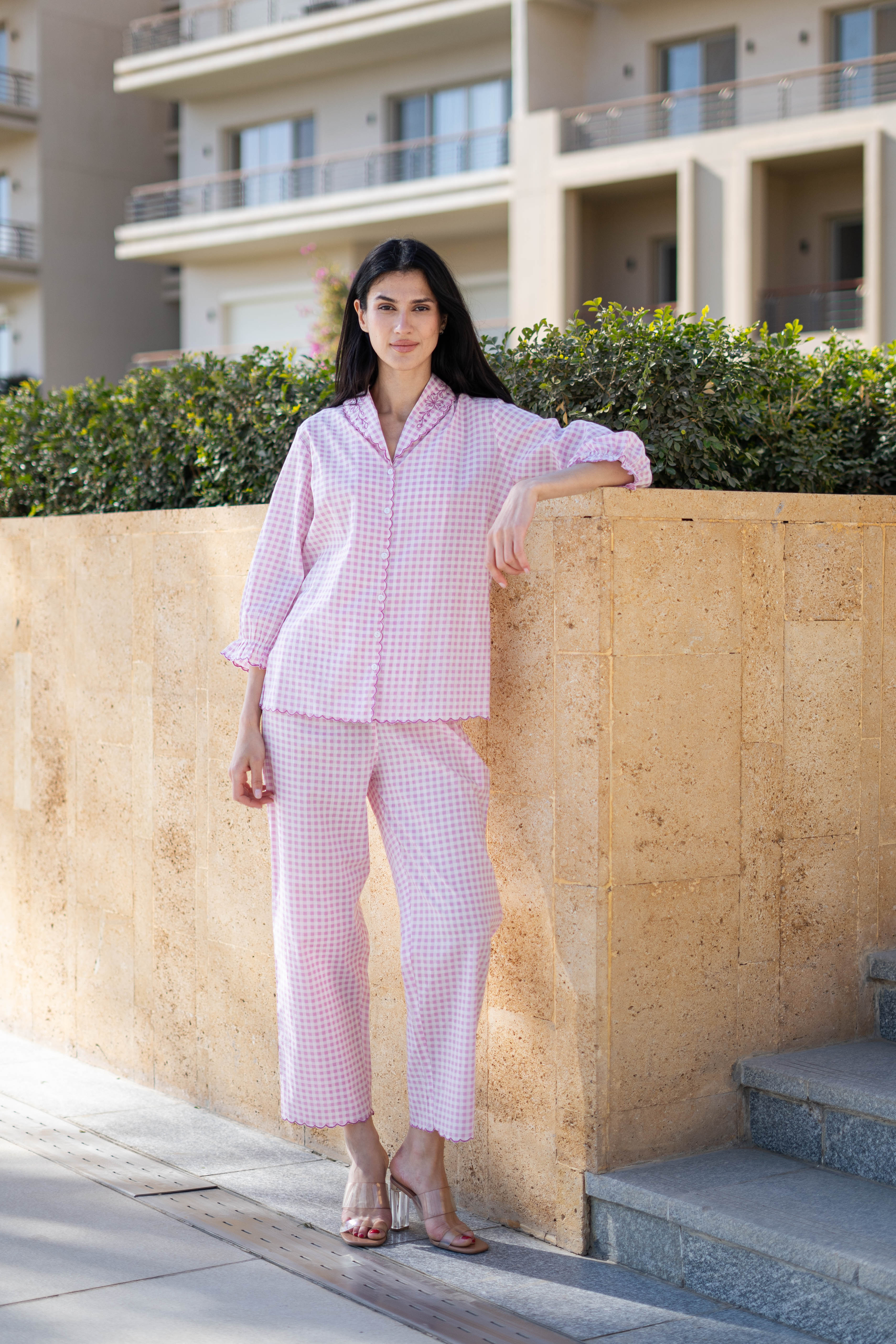 Pink Pure Cotton Checked Lapel Collar Night Suit For Women