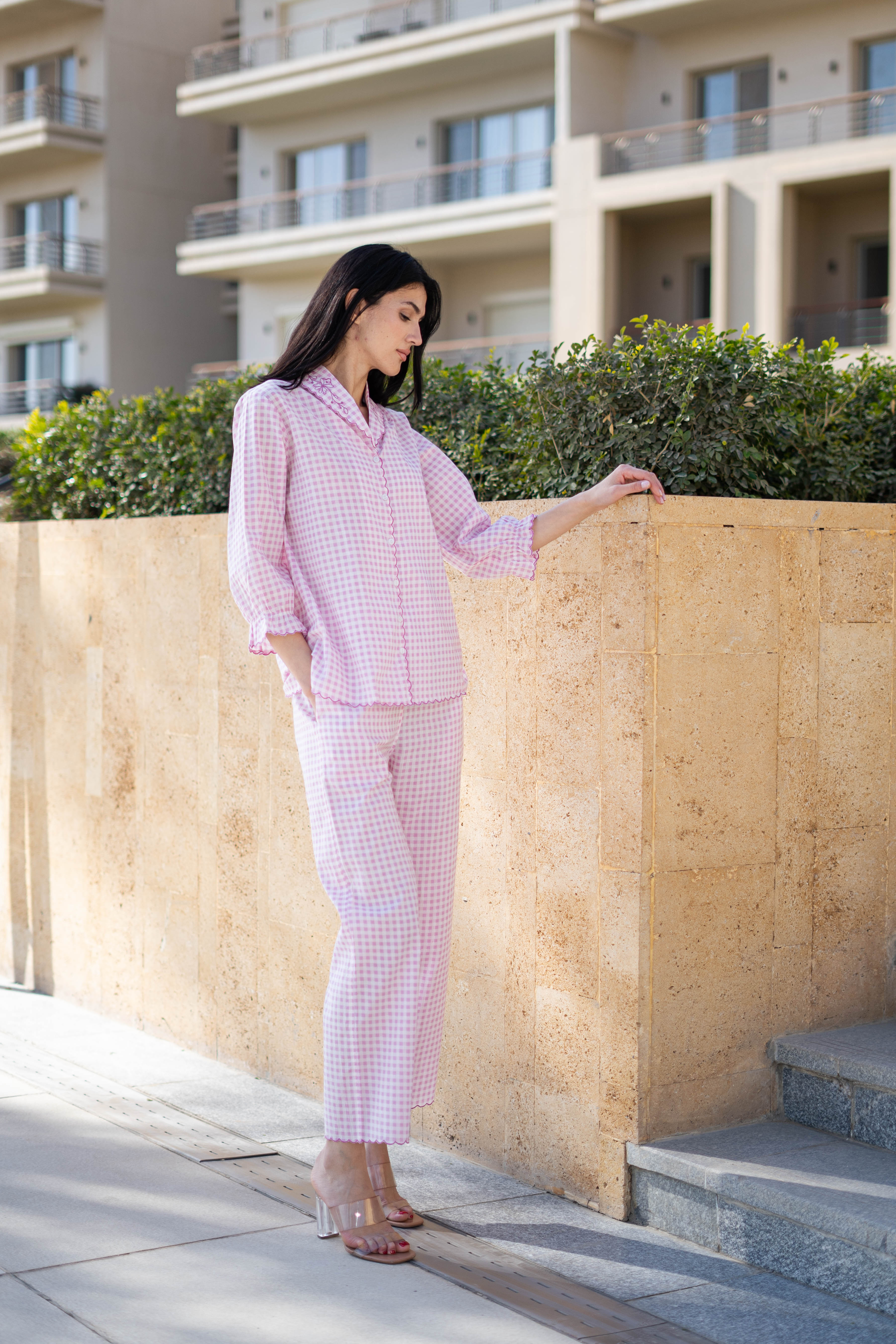 Pink Pure Cotton Checked Lapel Collar Night Suit For Women