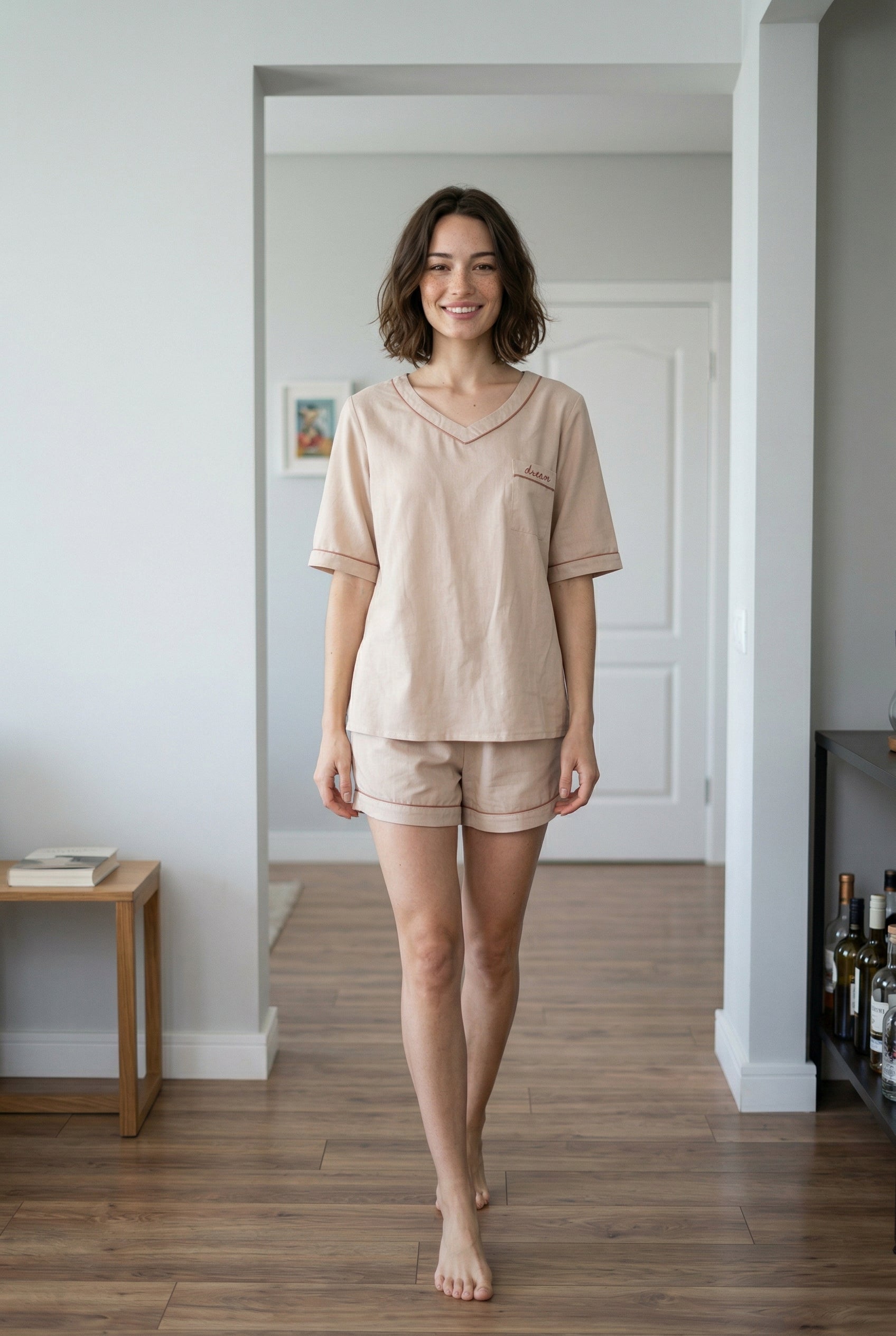 Cream V-Neck Solid Night Suit For Women