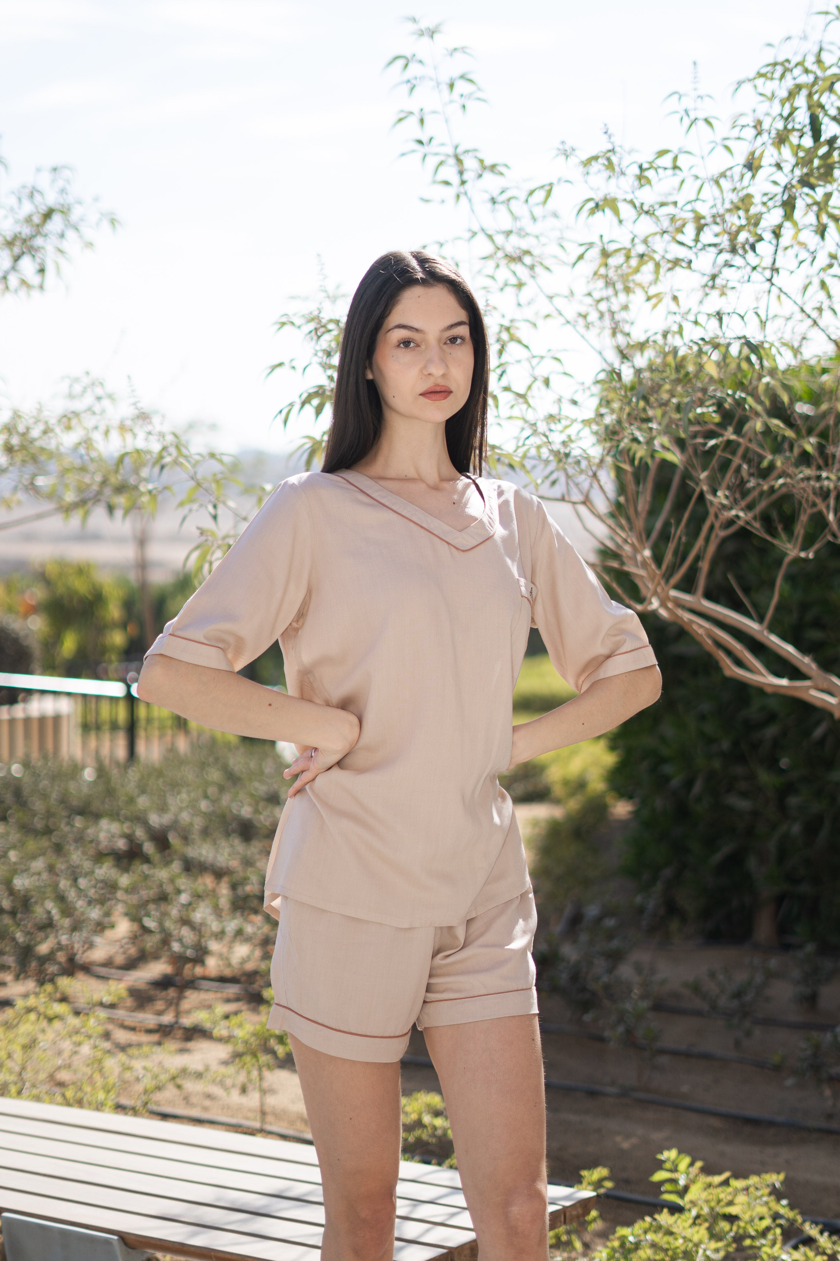 Cream Color V-Neck Viscose Rayon Night Suit for Women - SanskrutiHomes