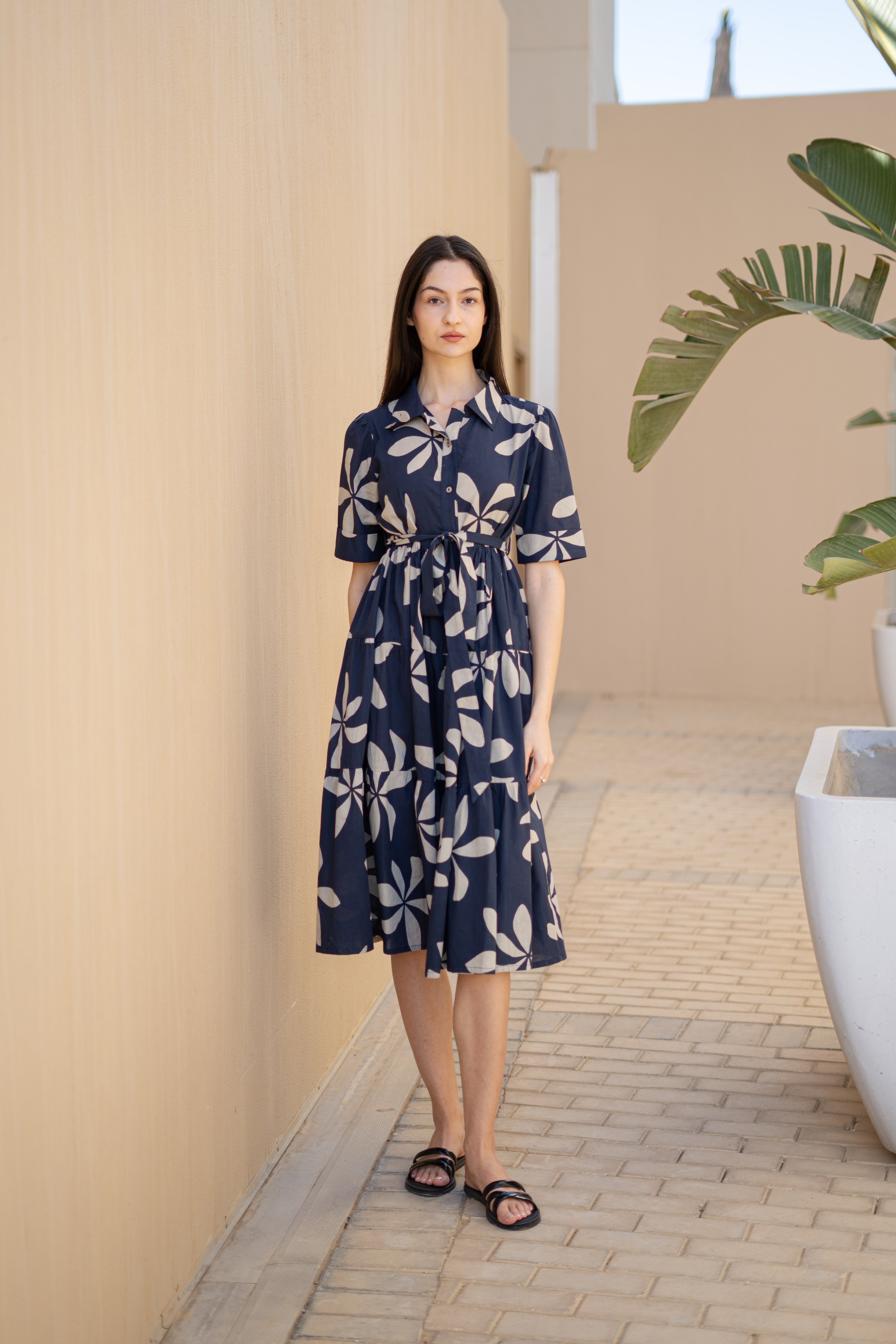 Navy Blue Floral Printed Shirt Collar Dress