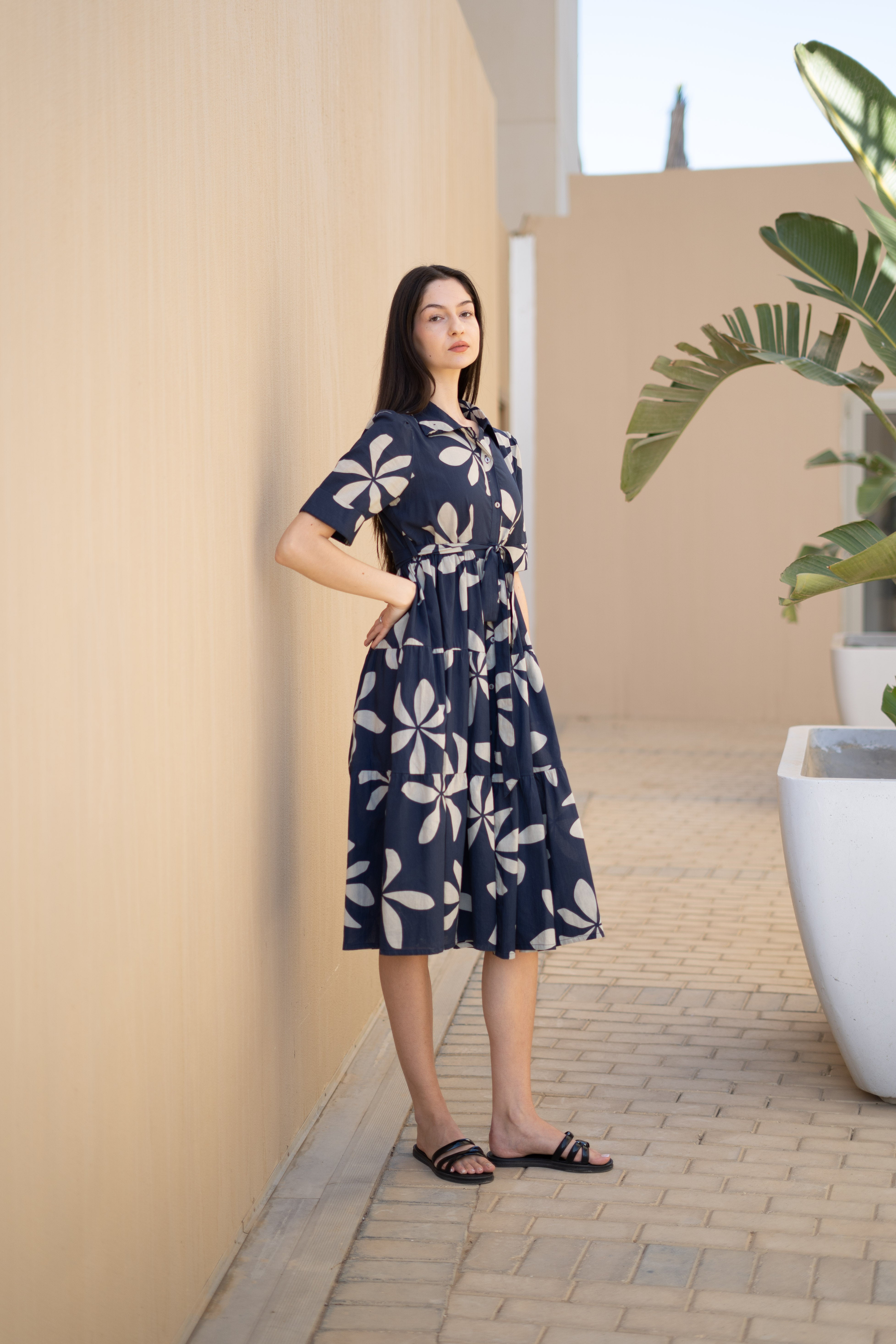 Navy Blue Floral Printed Shirt Collar Dress