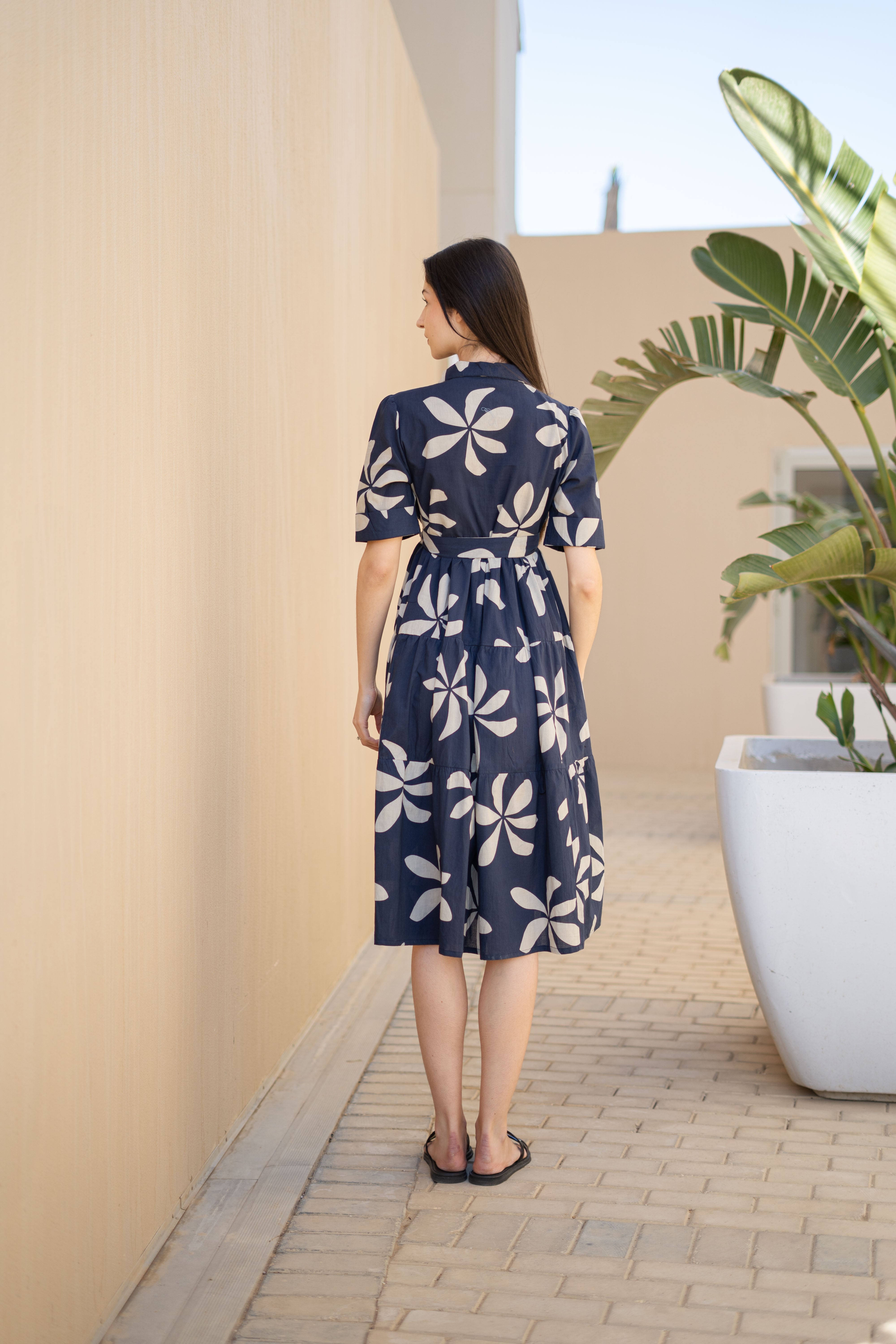Navy Blue Floral Printed Shirt Collar Dress