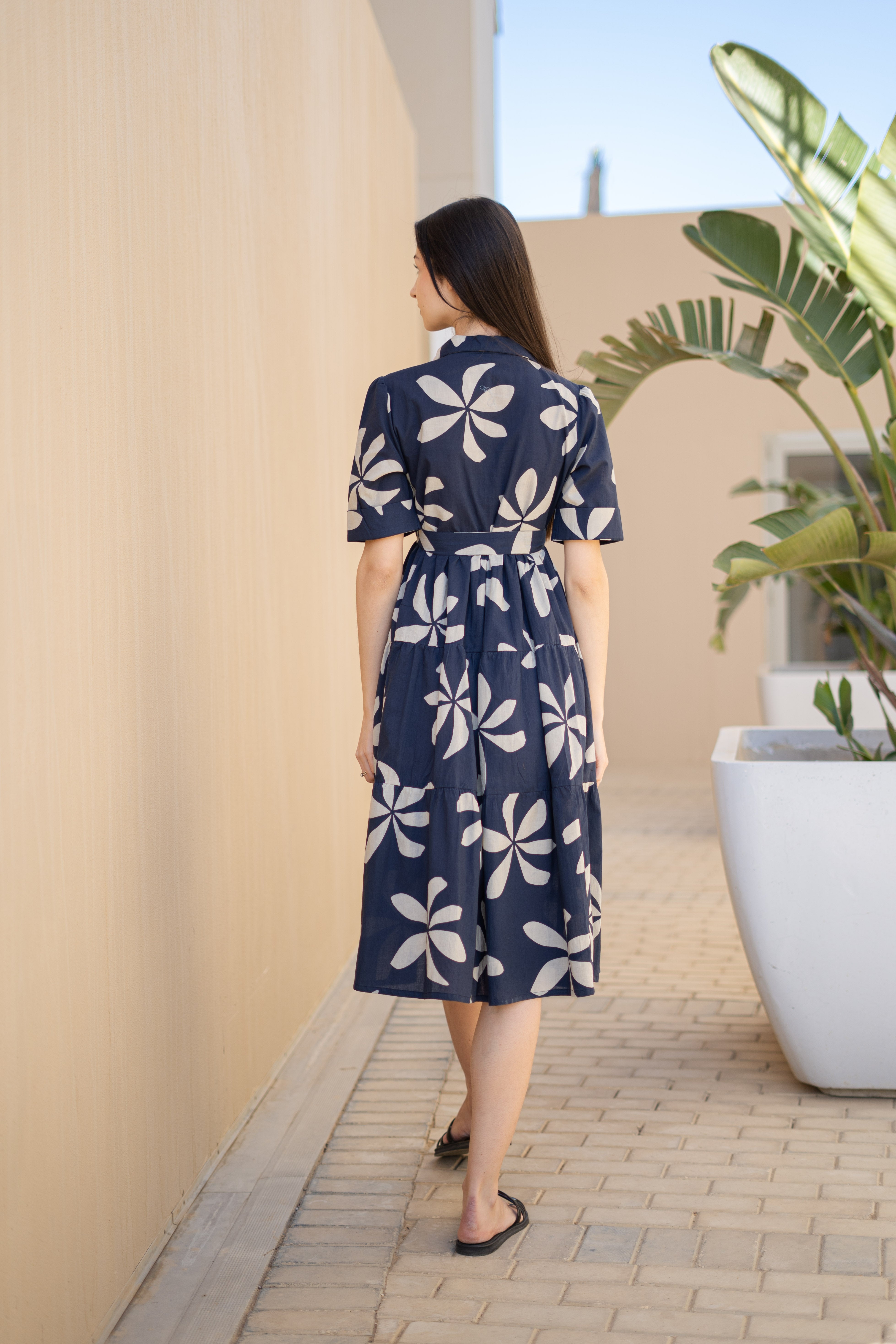 Navy Blue Floral Printed Shirt Collar Dress