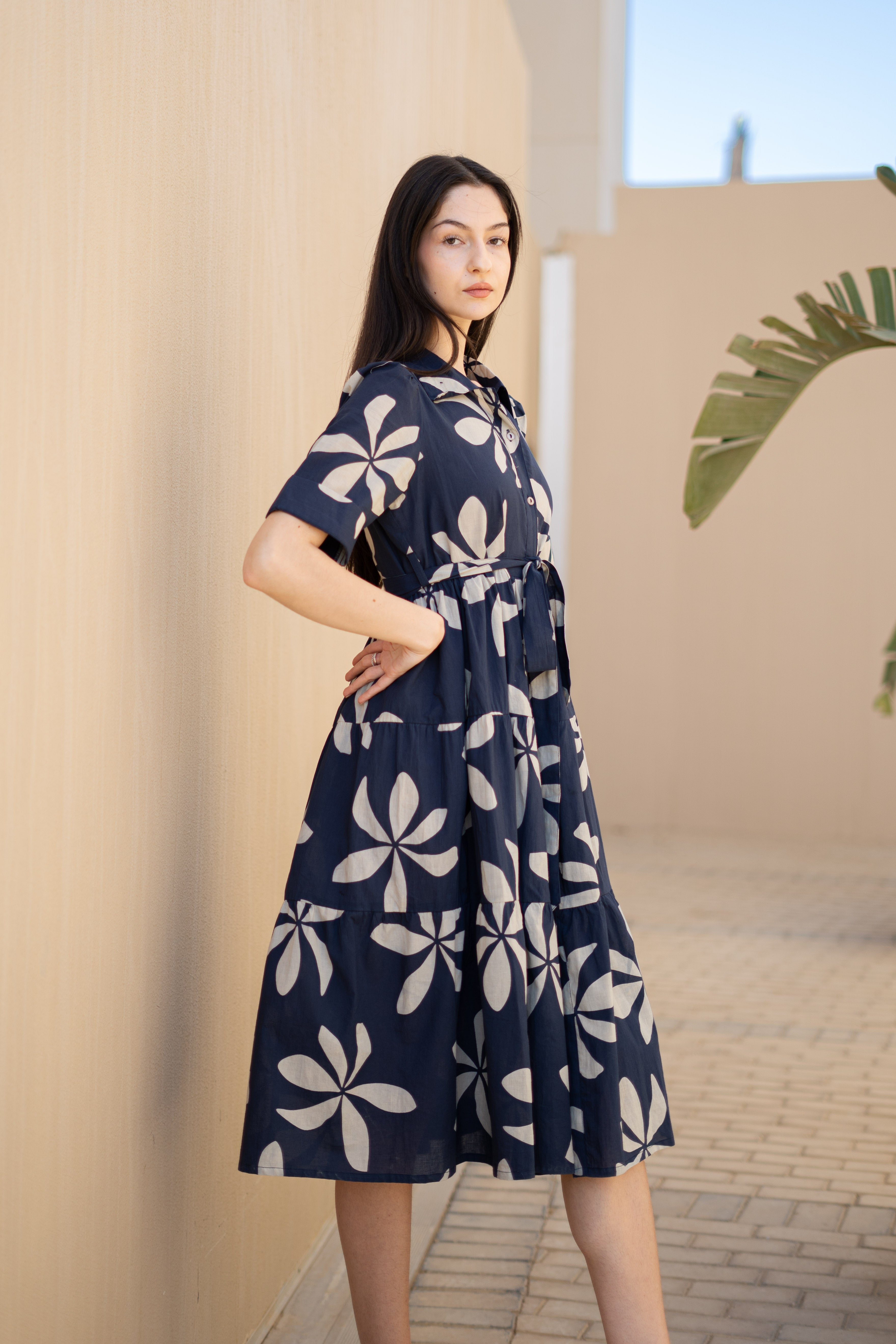 Navy Blue Floral Printed Shirt Collar Dress