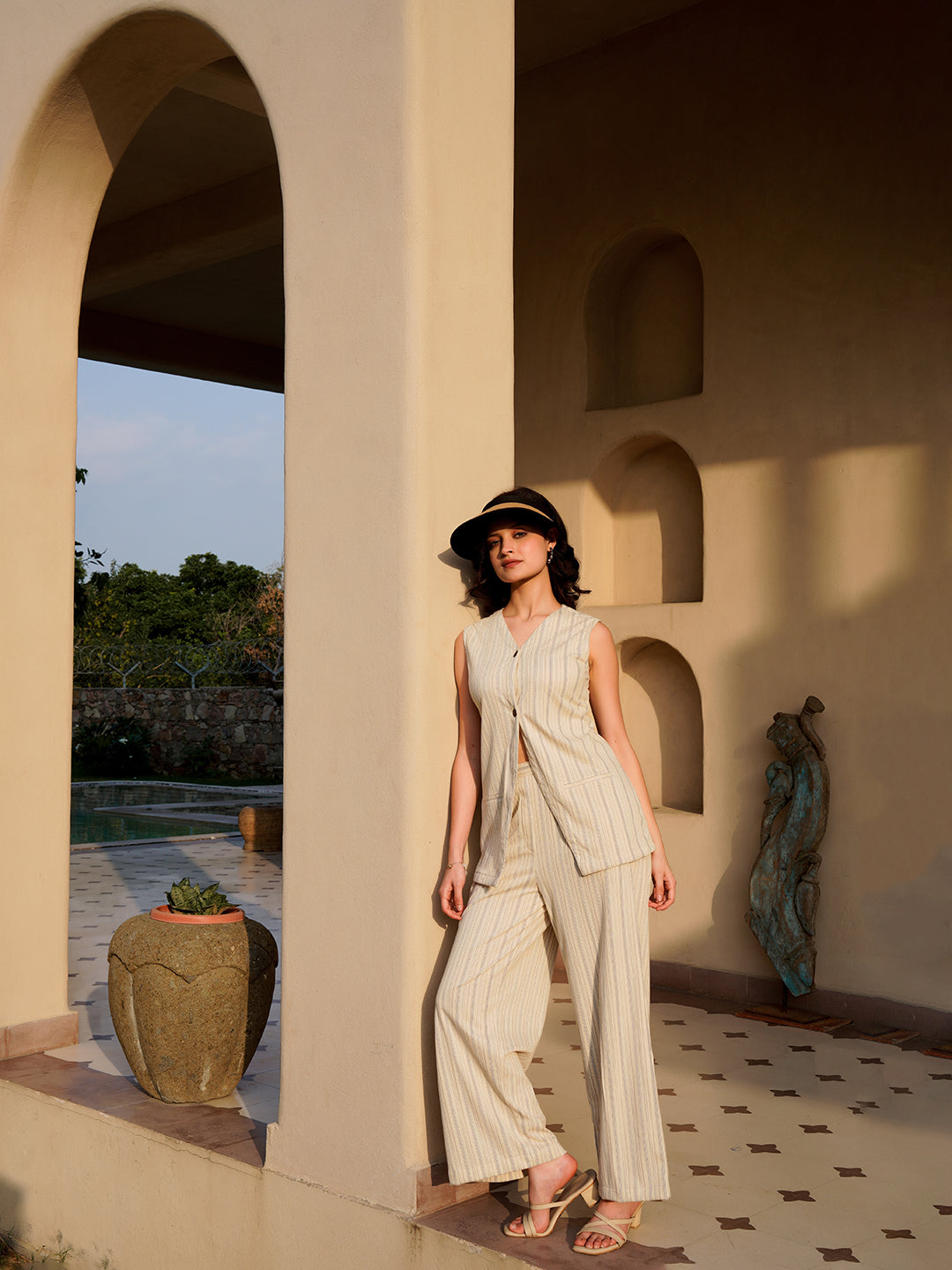 Off White V-Neck Cotton Blend Striped Co-Ords Set For Women