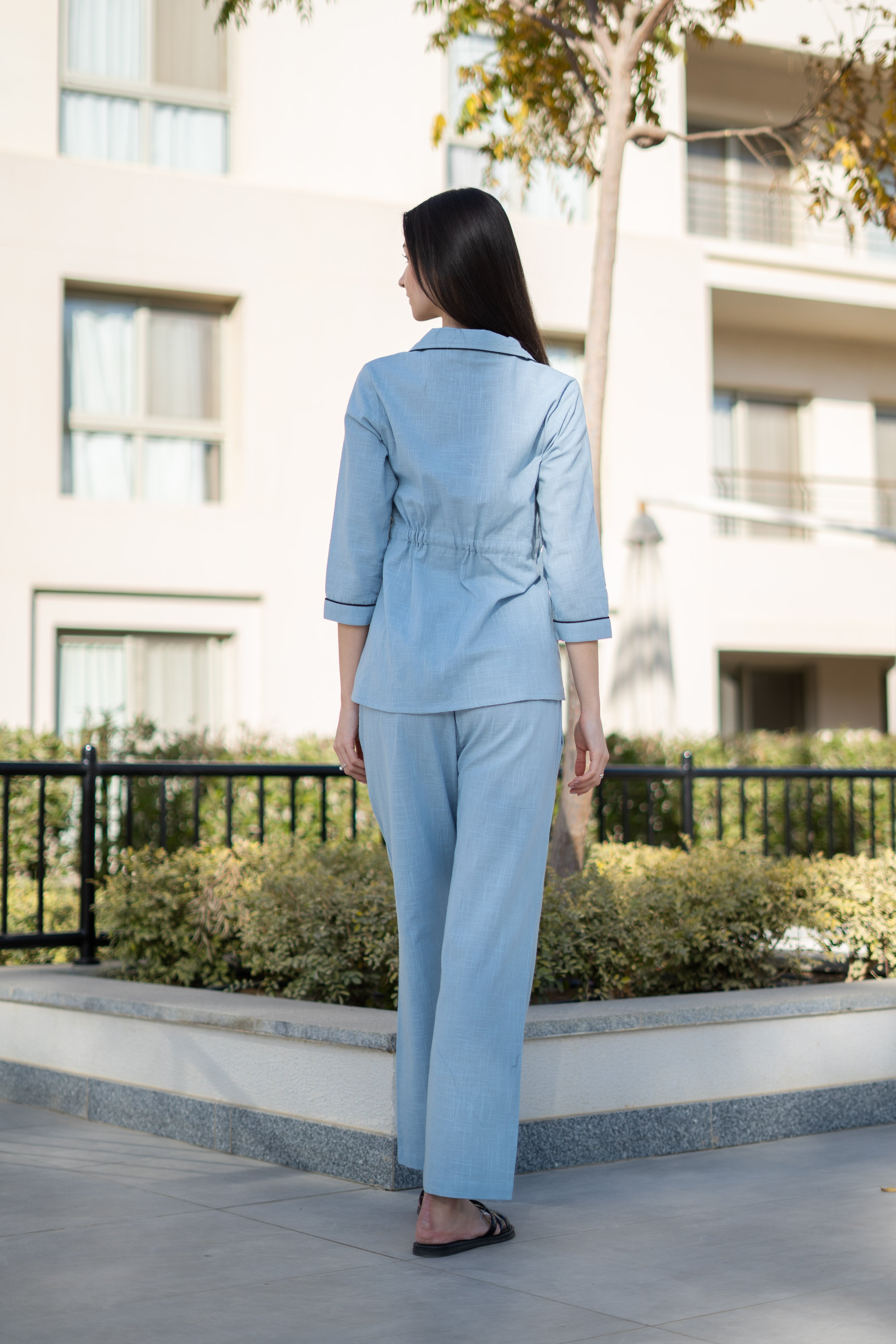 Women Solid Printed Blue Night Suit Set
